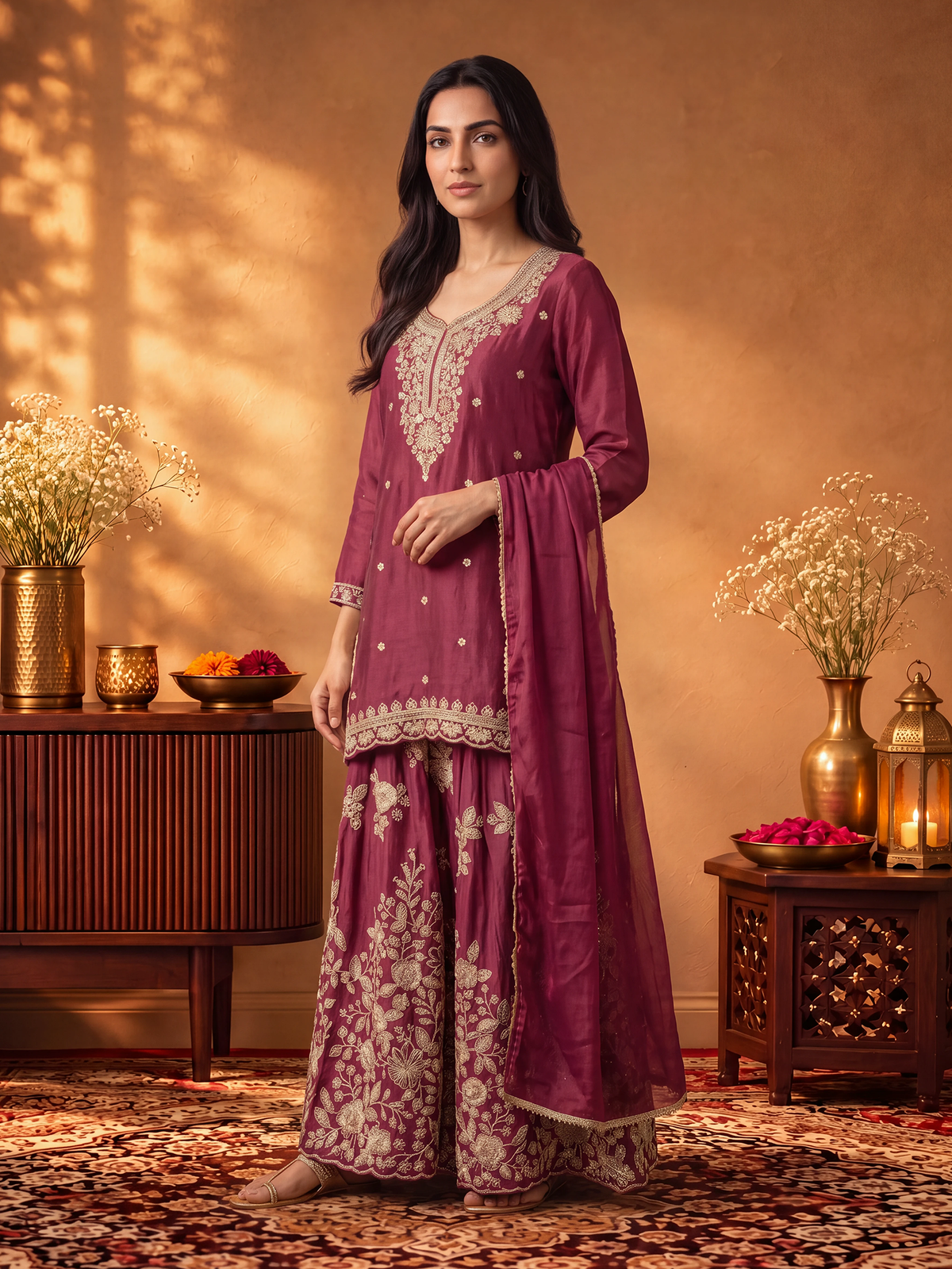 Women Chocolate Brown Adda Work Kurta Split Pant Dupatta