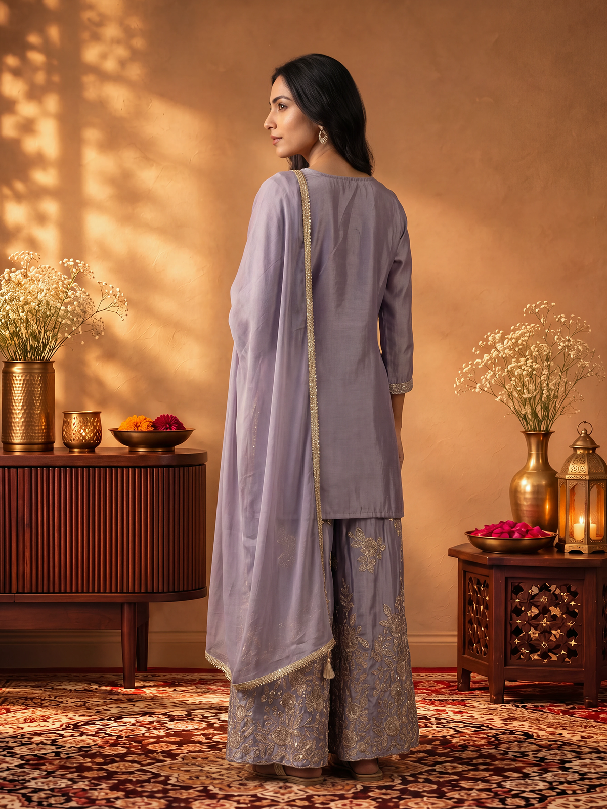 Women Lavender Adda Work Kurta Split Pant Dupatta