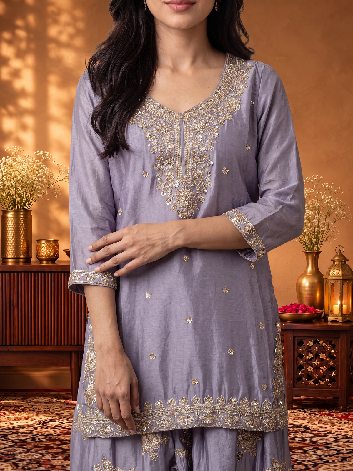 Women Lavender Adda Work Kurta Split Pant Dupatta