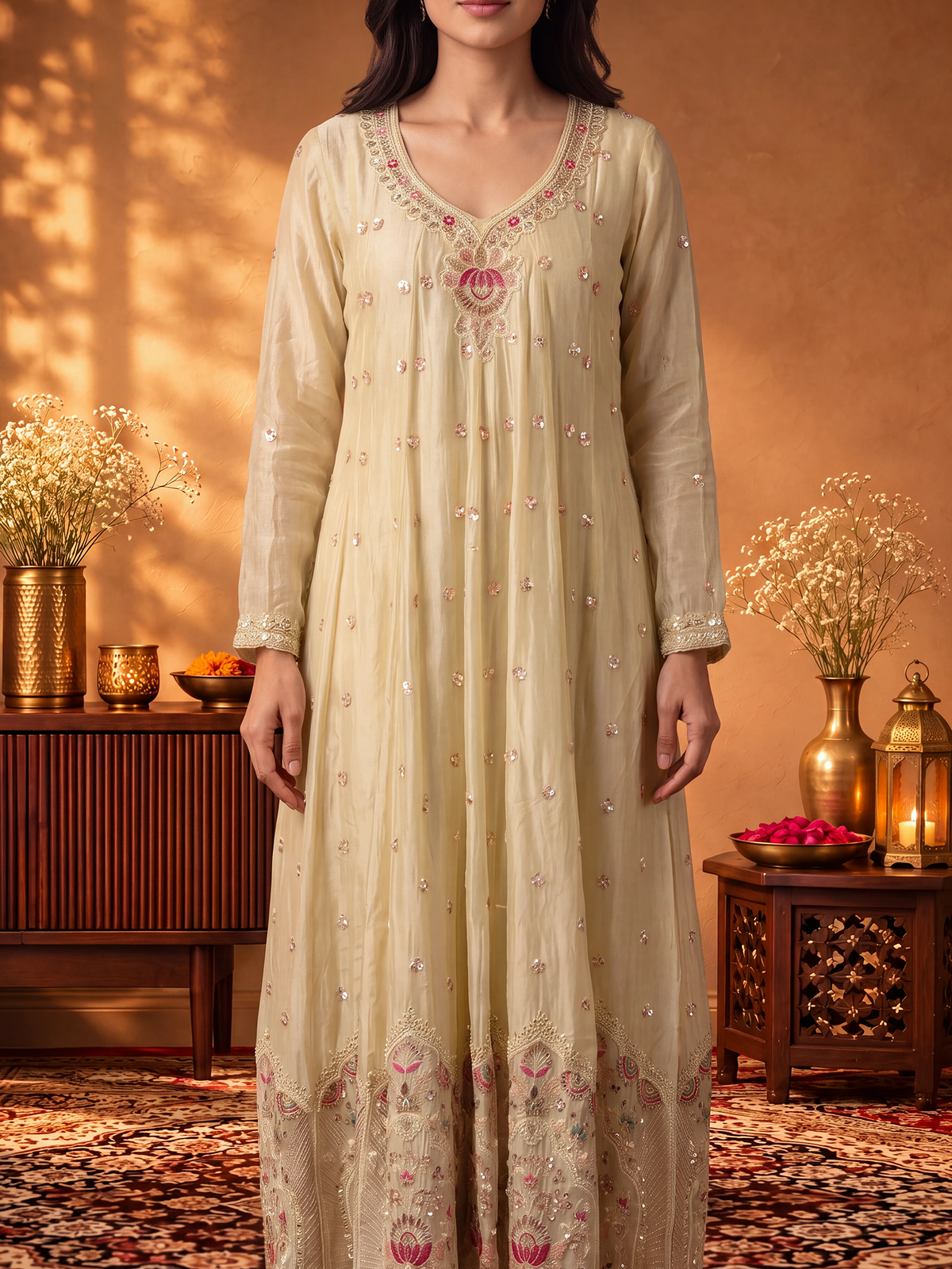 Women Cream Adda Work Kurta Wide Leg Pant Dupatta