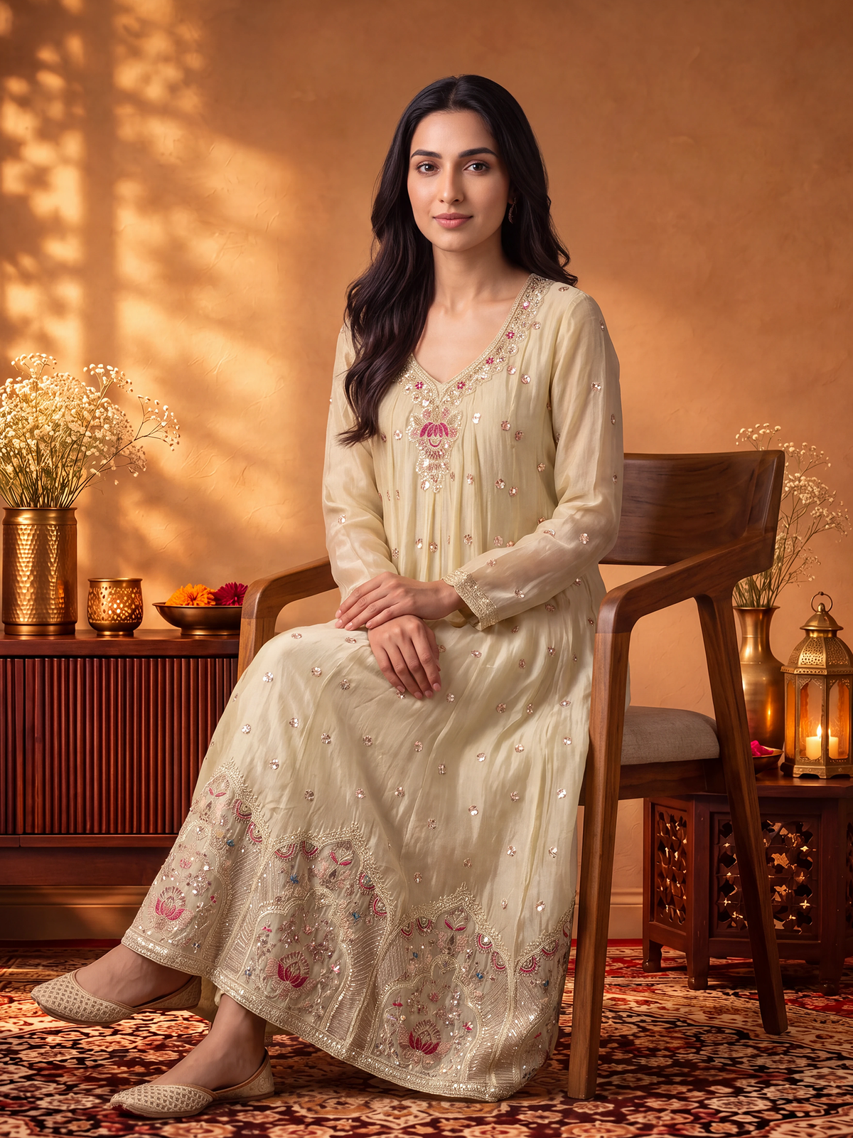 Women Cream Adda Work Kurta Wide Leg Pant Dupatta