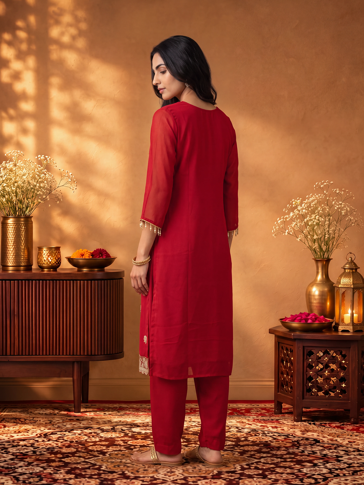 Women Red Cut Dena Adda Work Kurta Comfort Pant With Dupatta