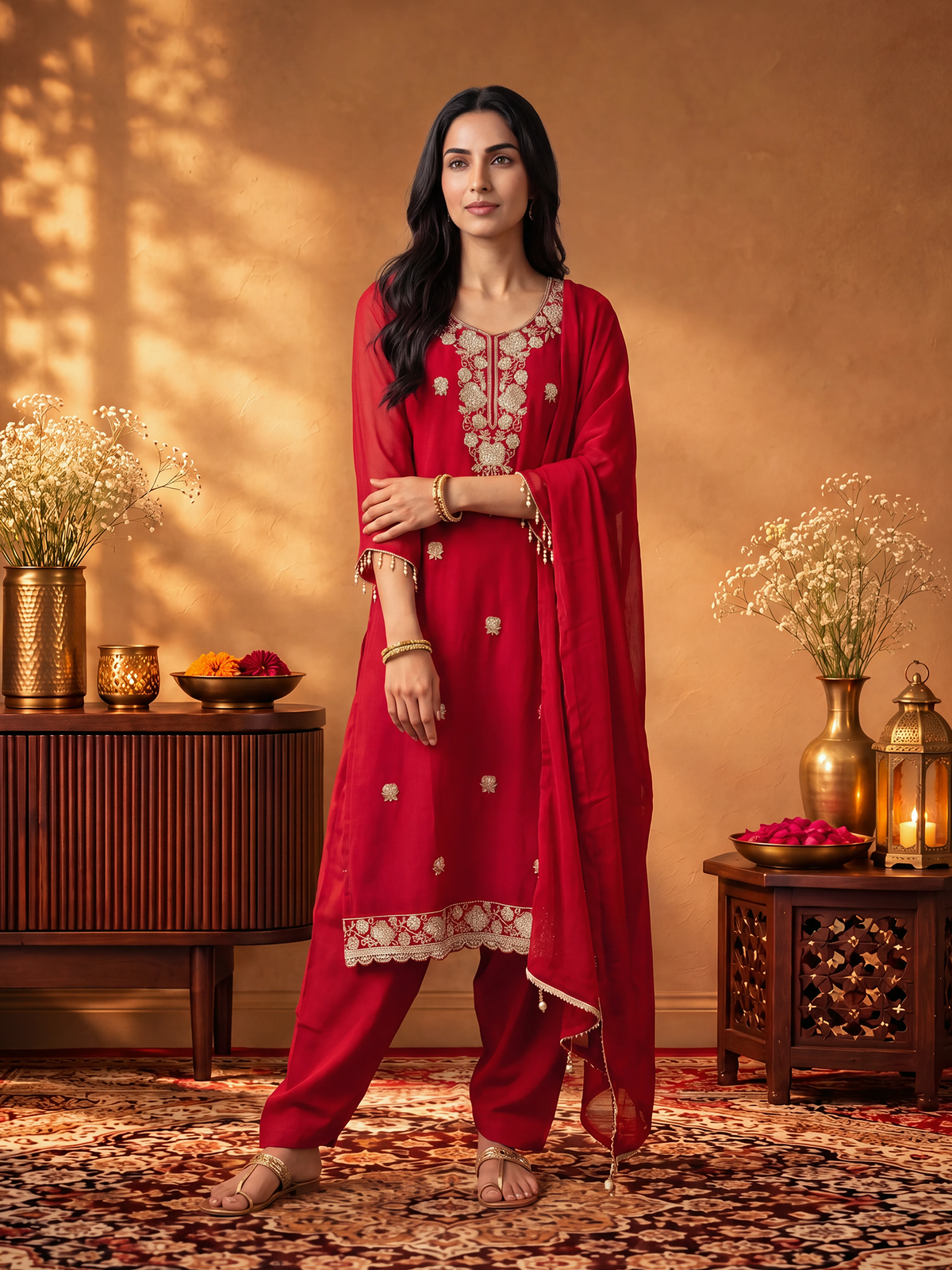 Women Red Cut Dena Adda Work Kurta Comfort Pant With Dupatta