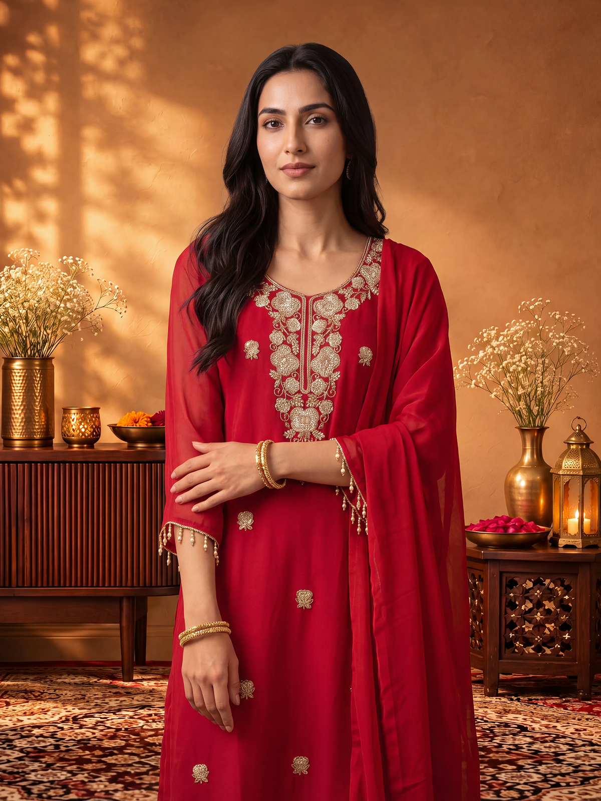Women Red Cut Dena Adda Work Kurta Comfort Pant With Dupatta