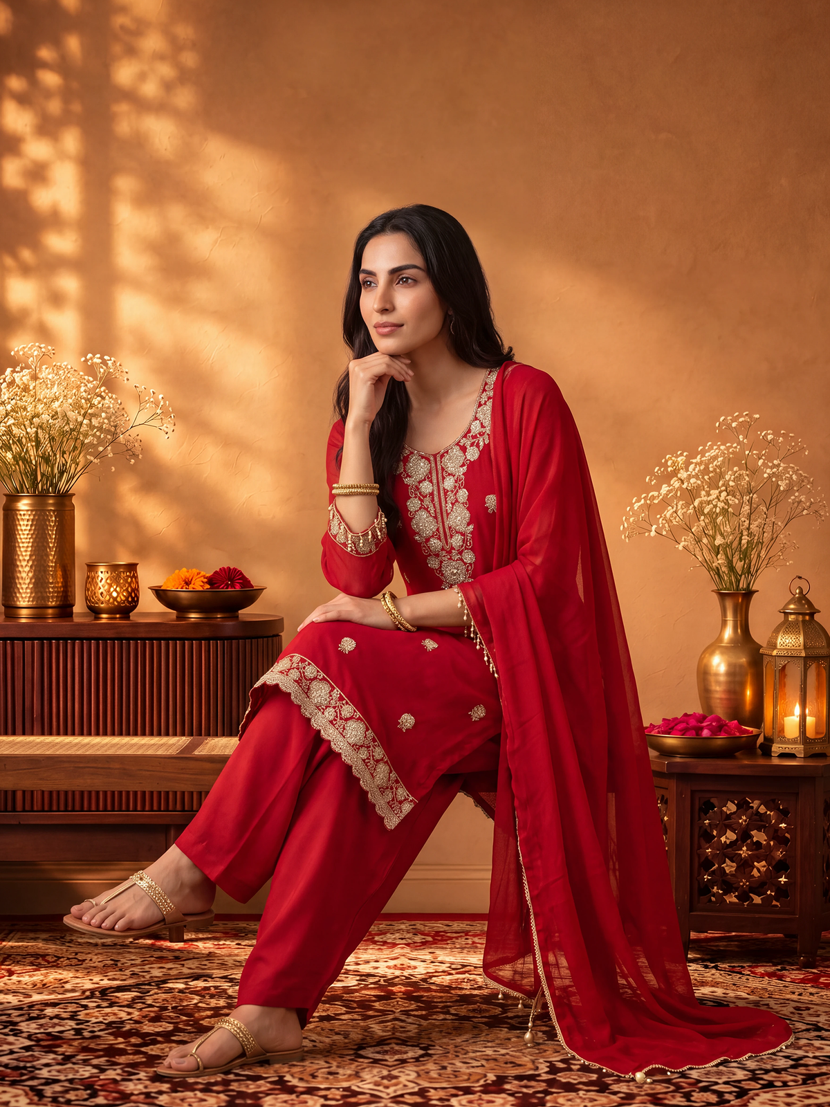 Women Red Cut Dena Adda Work Kurta Comfort Pant With Dupatta