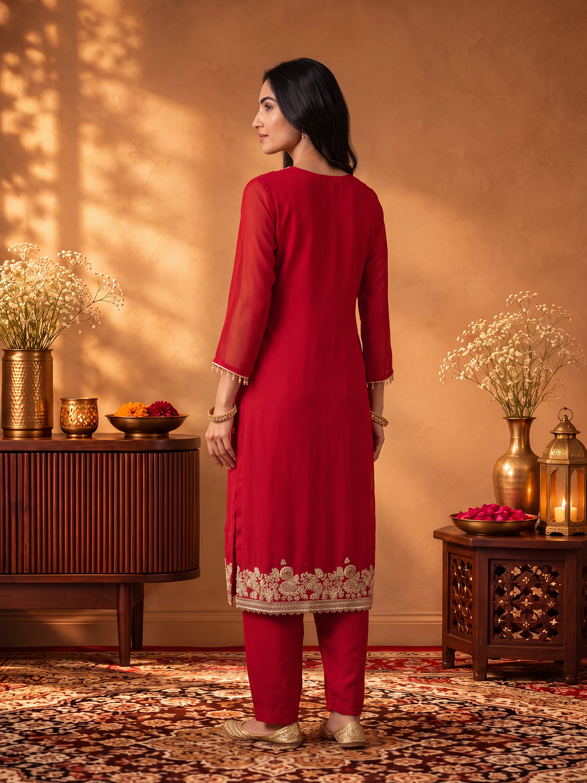Women Red Cut Dena Adda Work Kurta Comfort Pant Dupatta