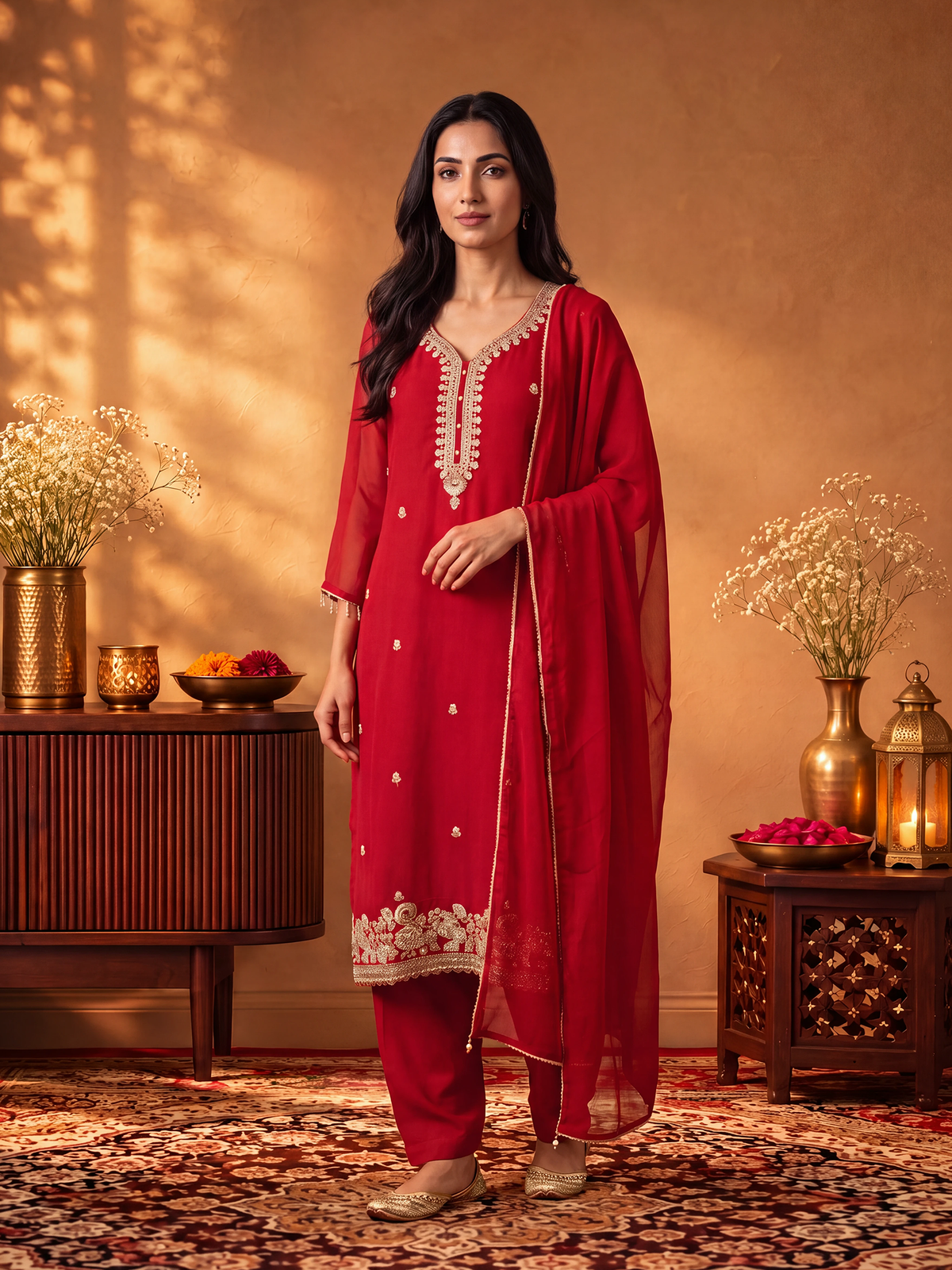 Women Red Cut Dena Adda Work Kurta Comfort Pant Dupatta