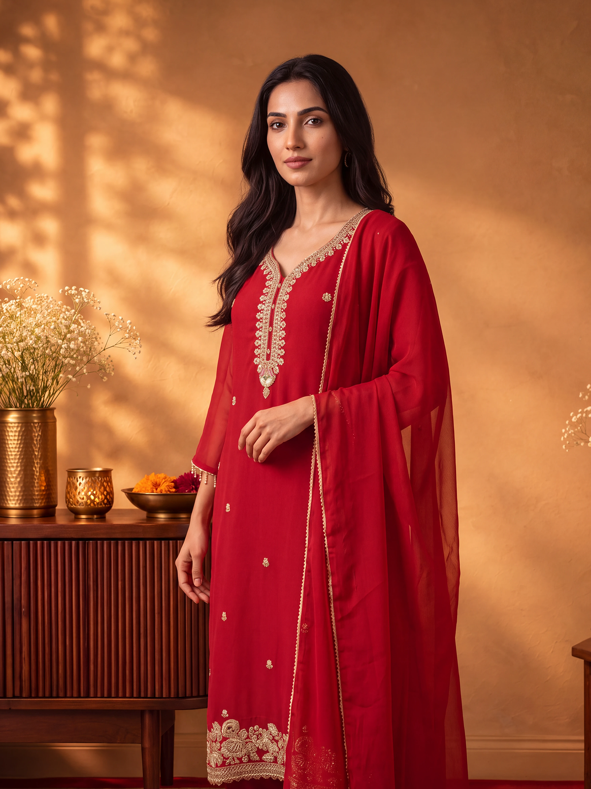 Women Red Cut Dena Adda Work Kurta Comfort Pant Dupatta