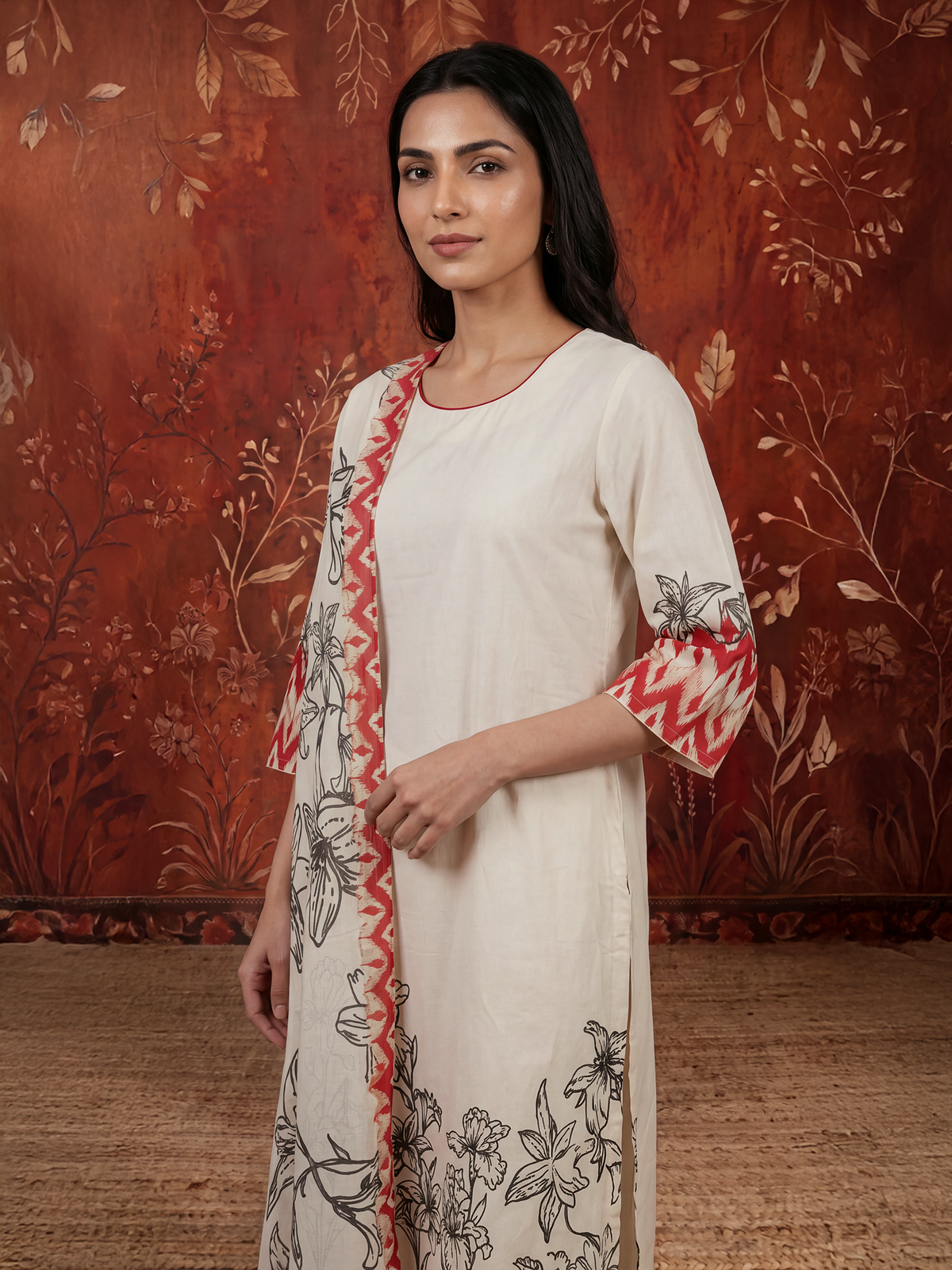 Women Off White Cambric Floral Kurta Comfort Pant Dupatta