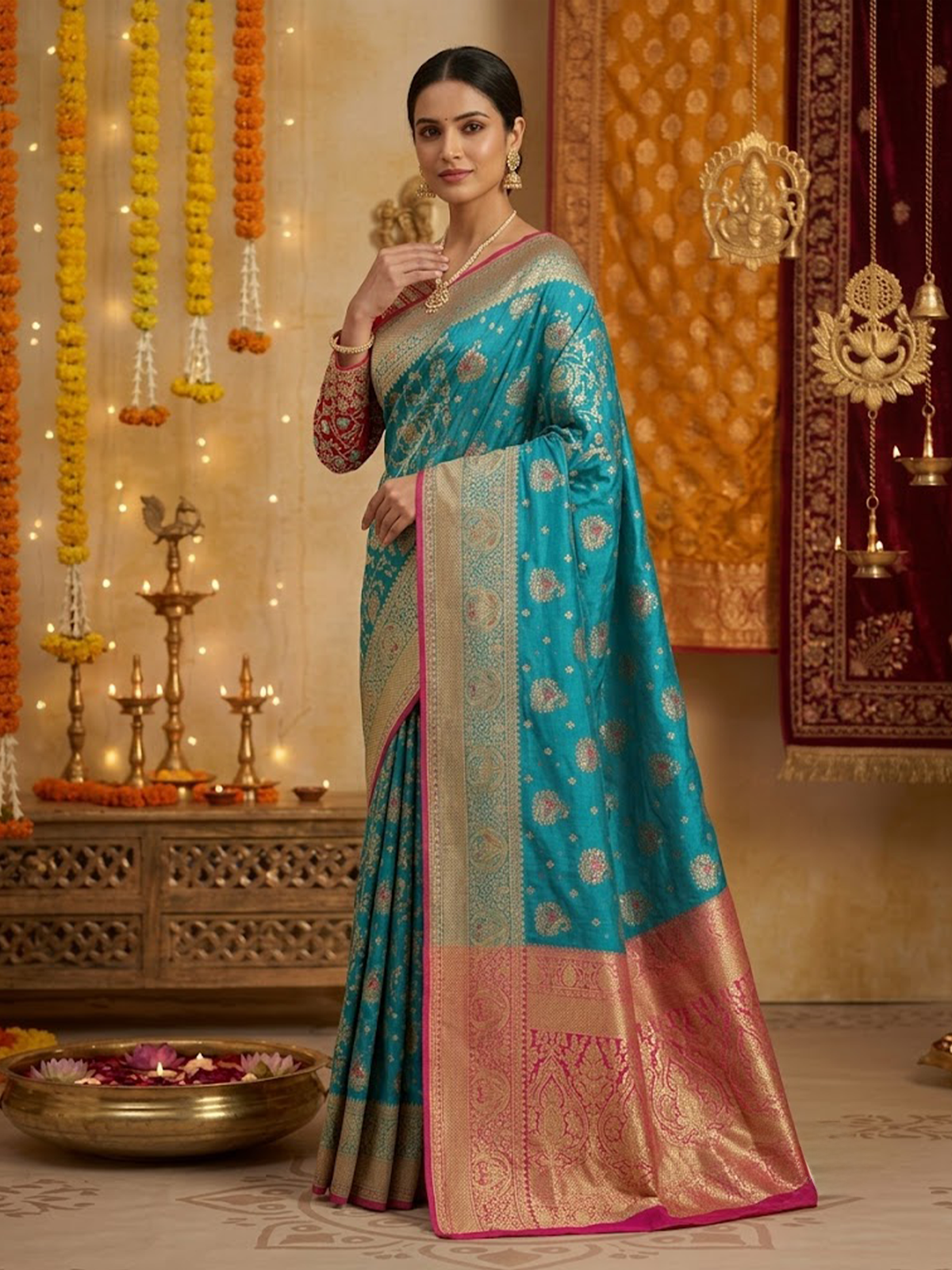 Women Turquoise And Red Viscose Saree With Stitch Blouse