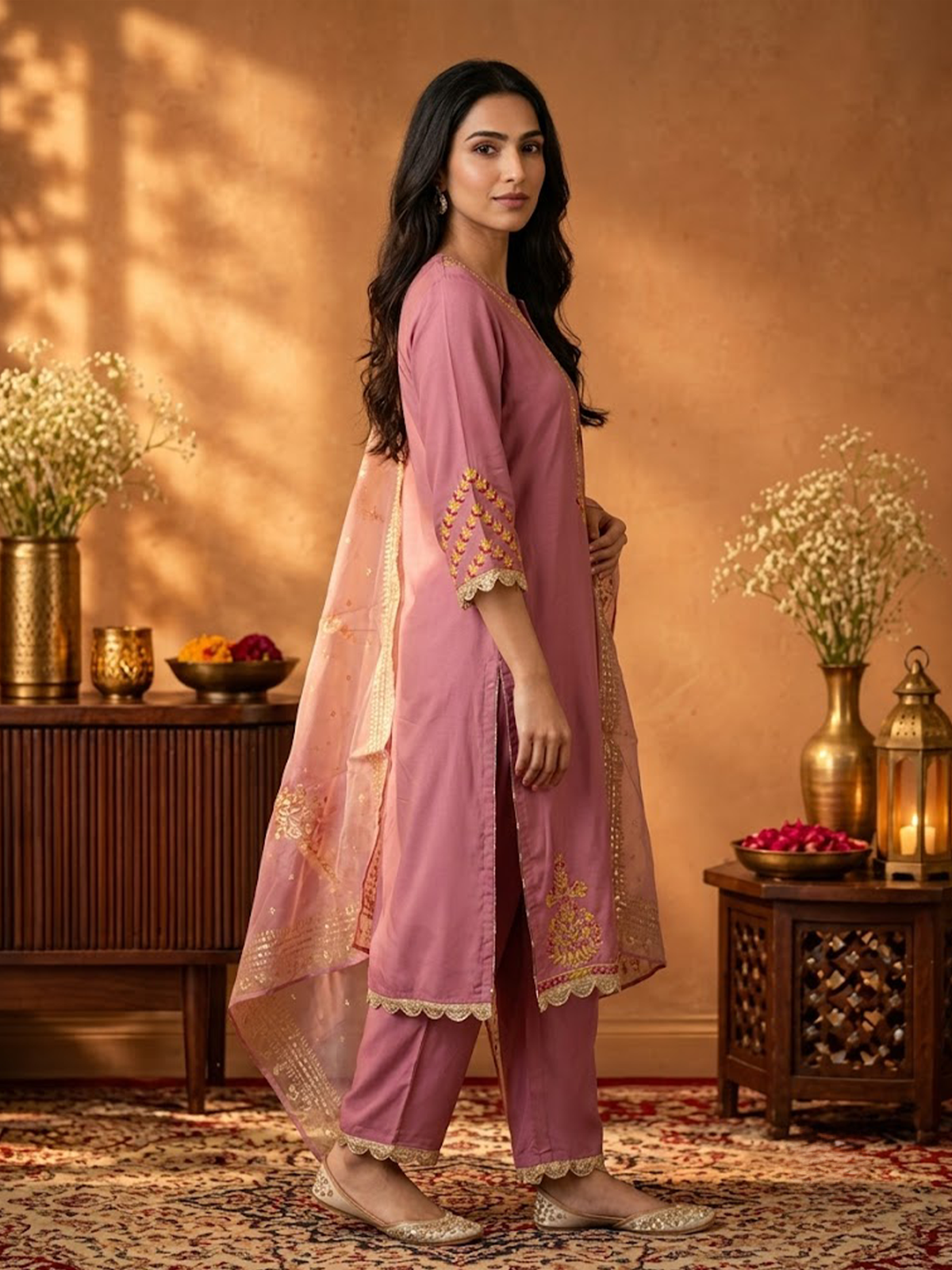 Women Onion Pink Poly Viscose Slub Solid Kurta Comfort Pant Dupatta