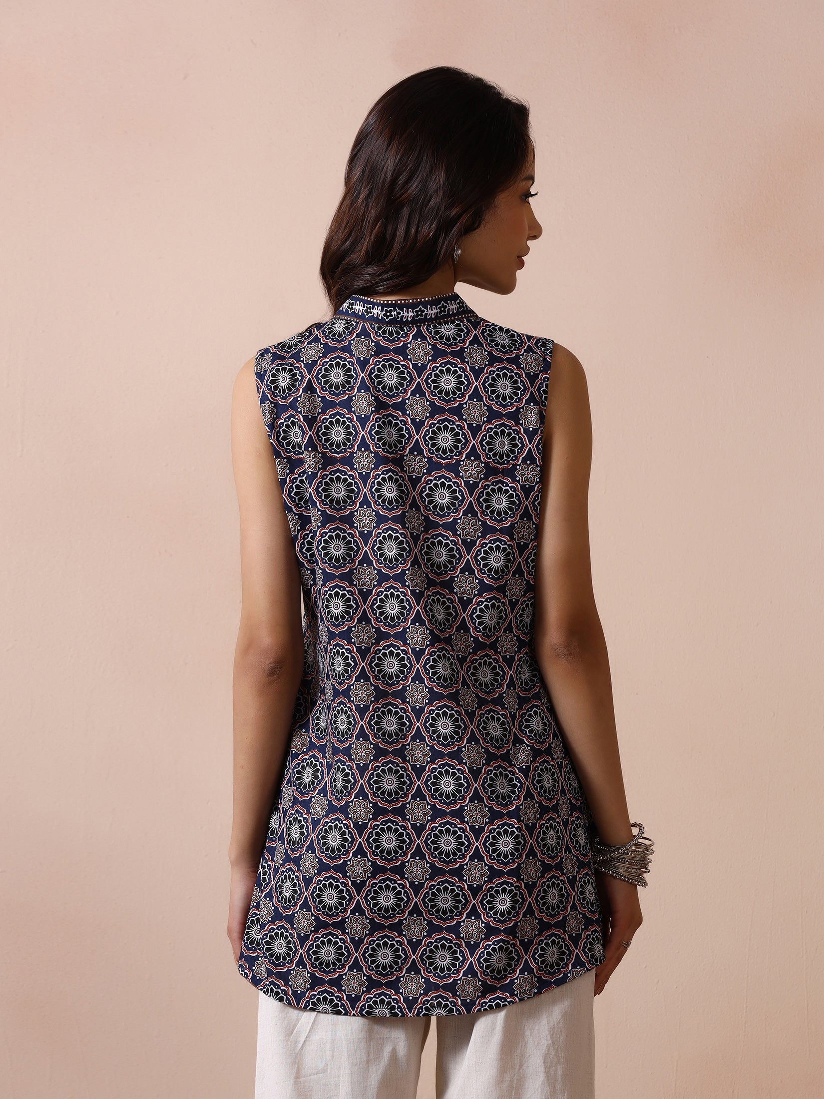 Women Cotton Navy Blue Printed Tunic