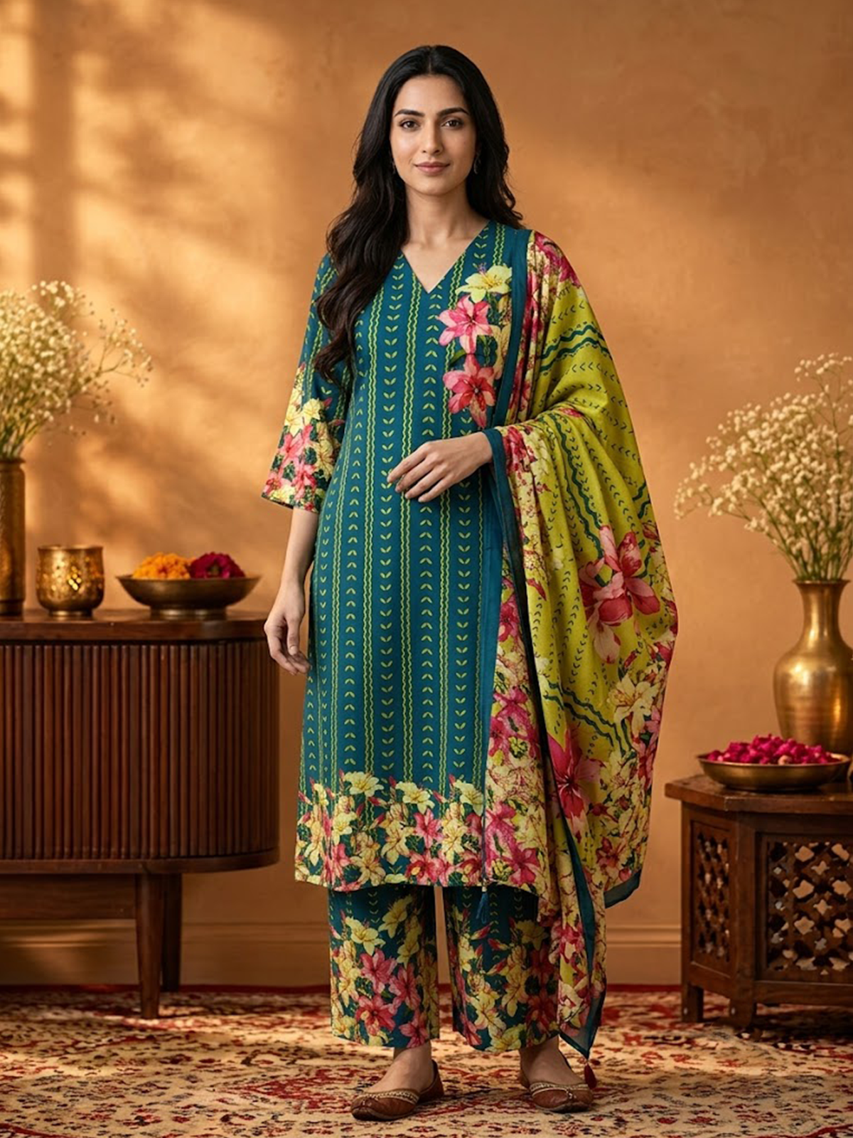 Women Teal Green Rayon Floral Kurta Comfort Pant Dupatta