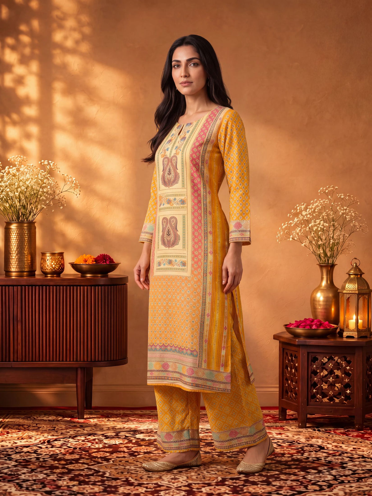Women Coral Red Burlin Floral Kurta Comfort Pant Dupatta