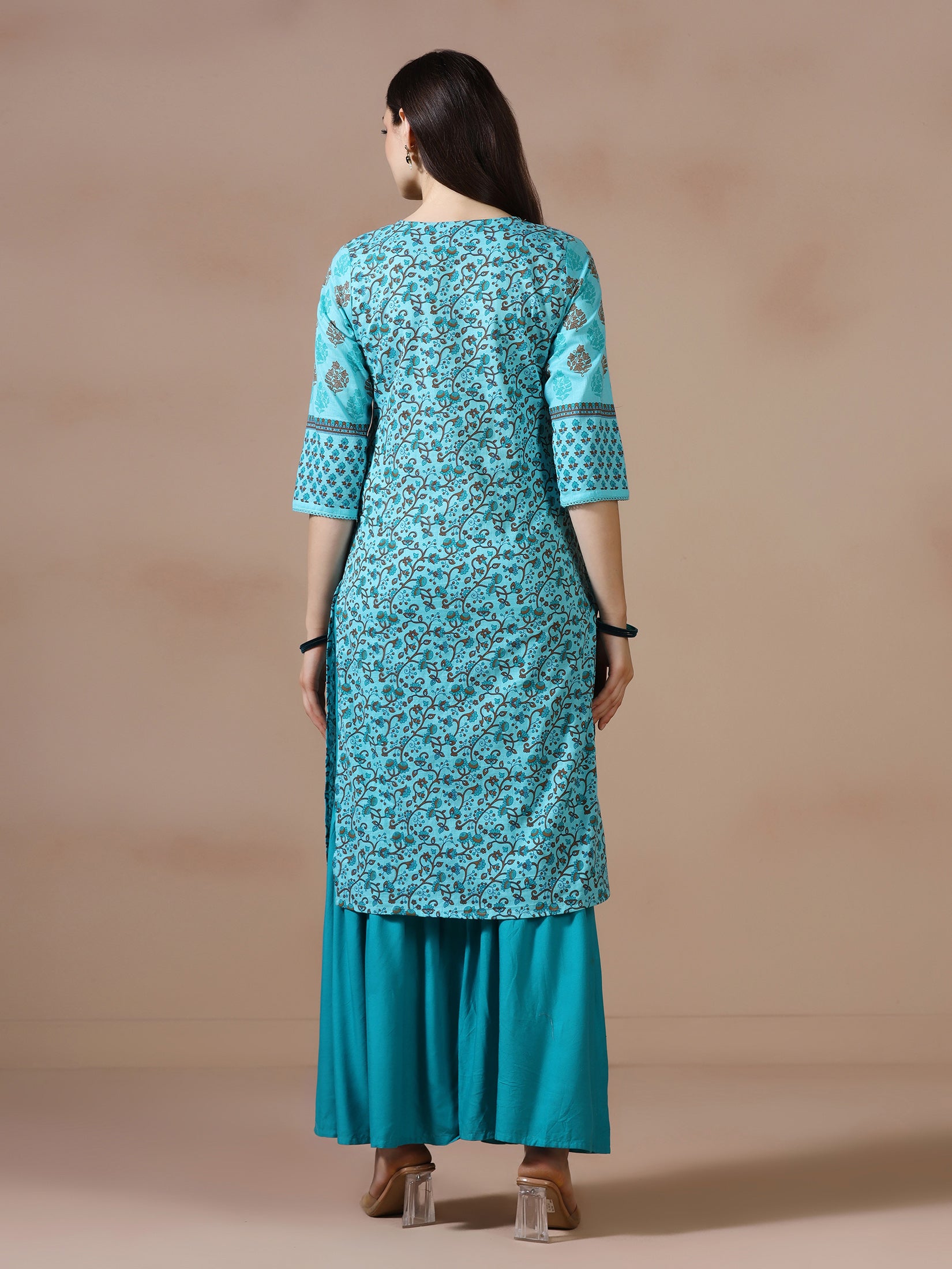 Women Cotton Slub Teal Printed Kurta