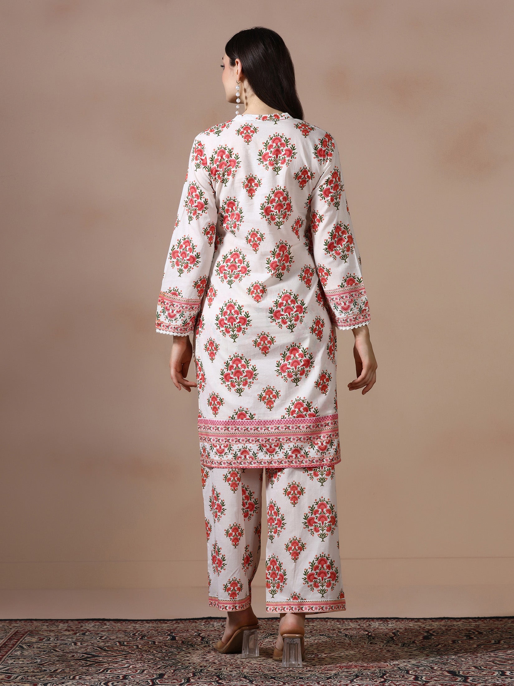 Women Cotton Off White and Peach Printed Co Ord Set