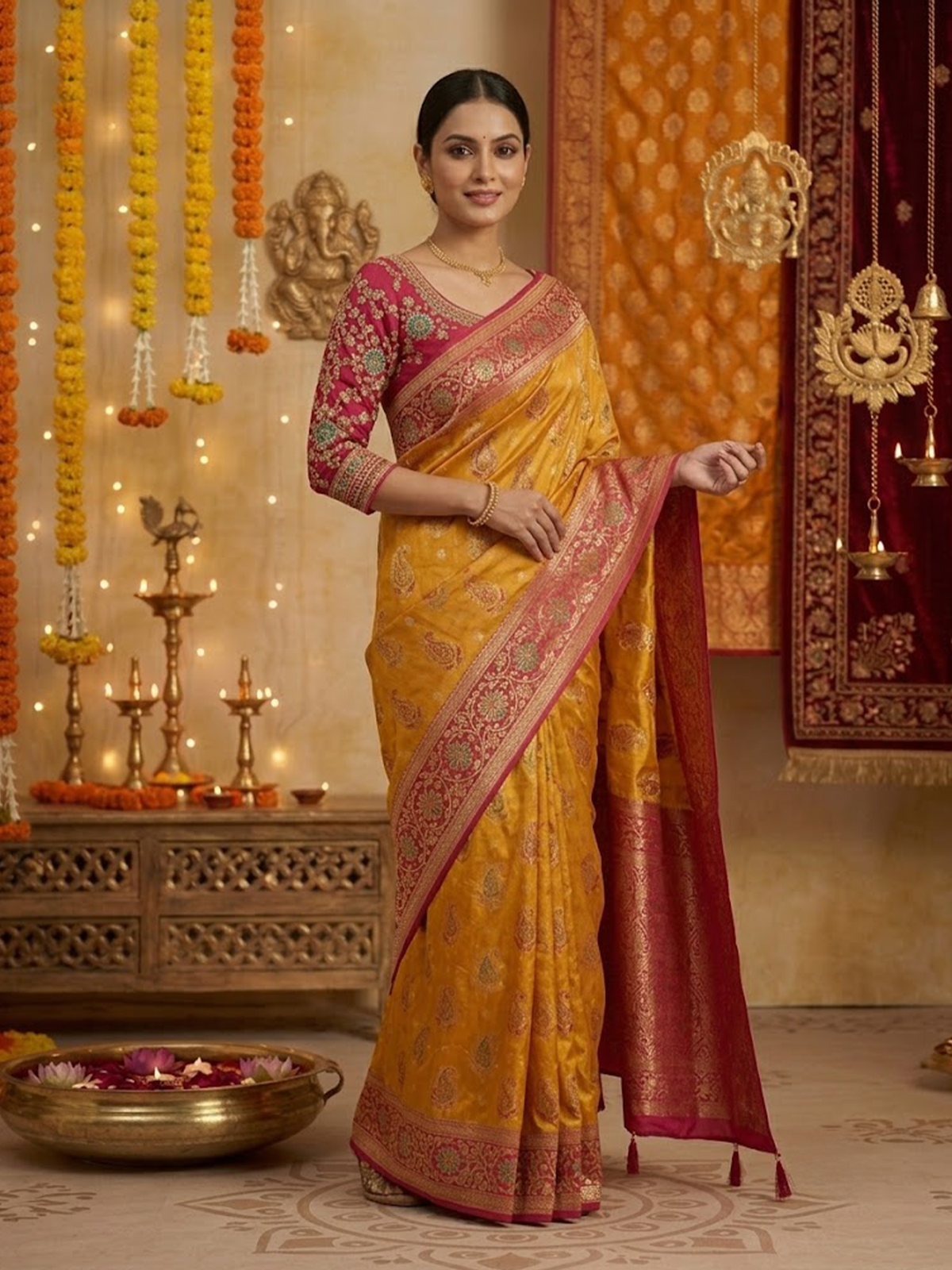 Women Yellow And Red Viscose Saree With Stitch Blouse