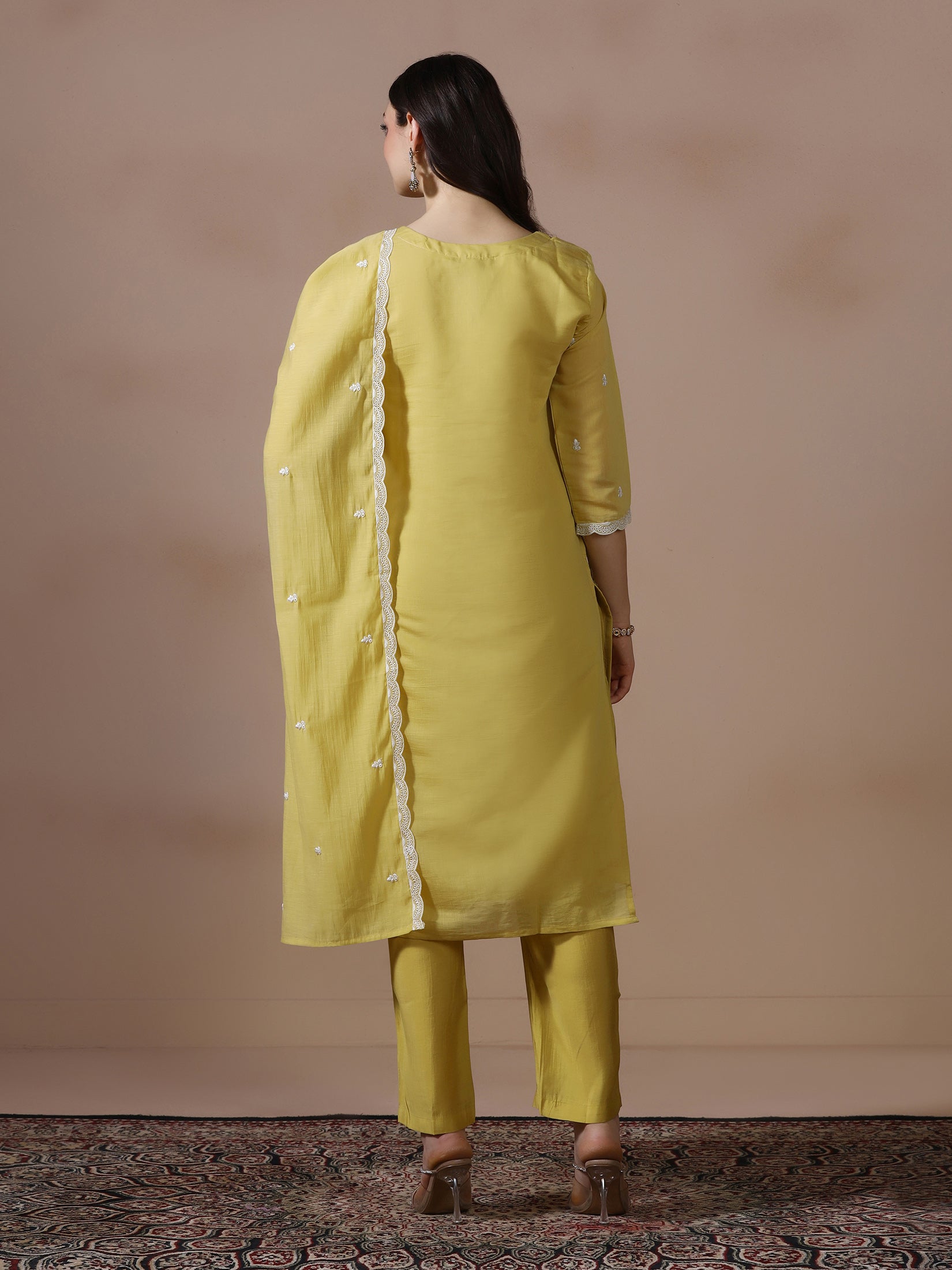 Women Mul Chanderi Mustard Embroidered Kurta Comfort Pant Dupatta