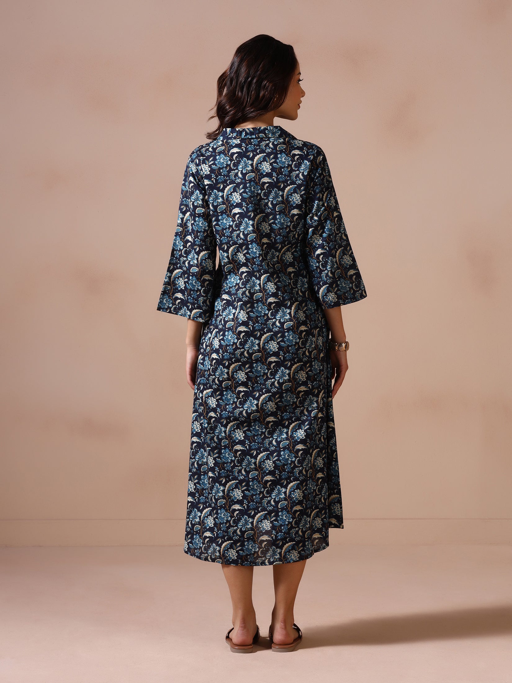 Women Cotton Indigo Blue Printed Dress