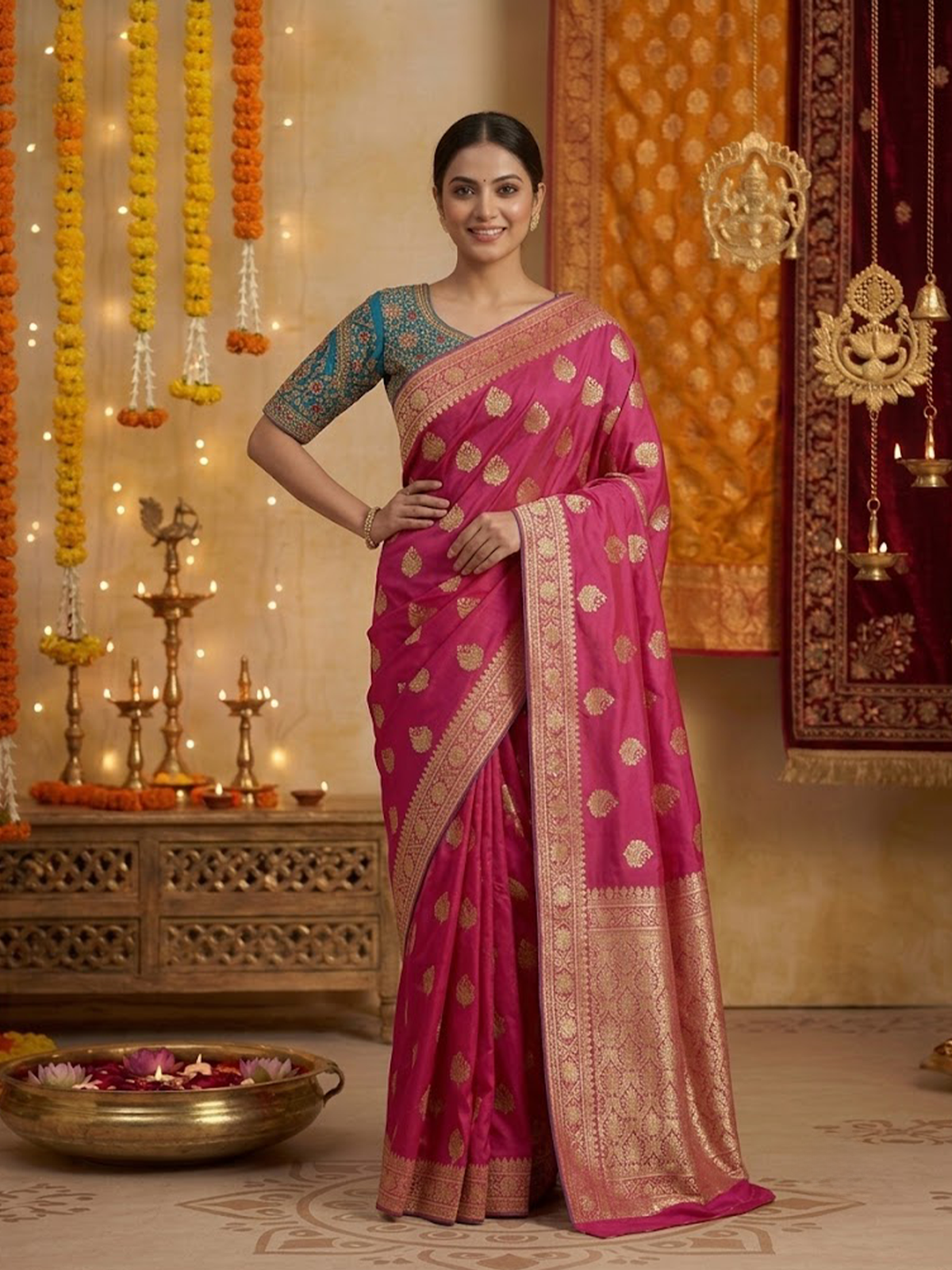 Women Pink And Green Saree With Stitch Blouse