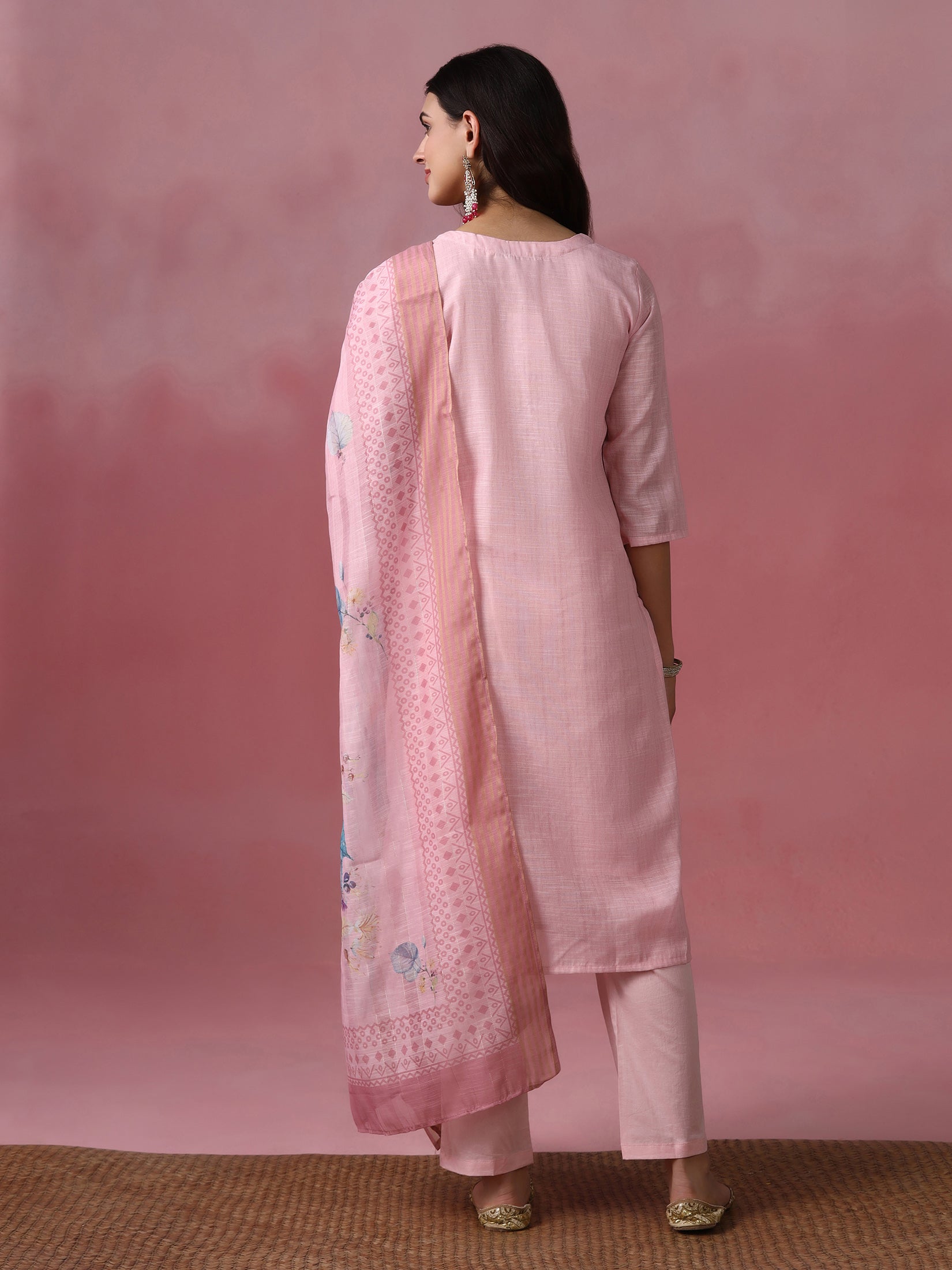 Women Viscose Pink Embroidered Kurta Trouser Pant Dupatta