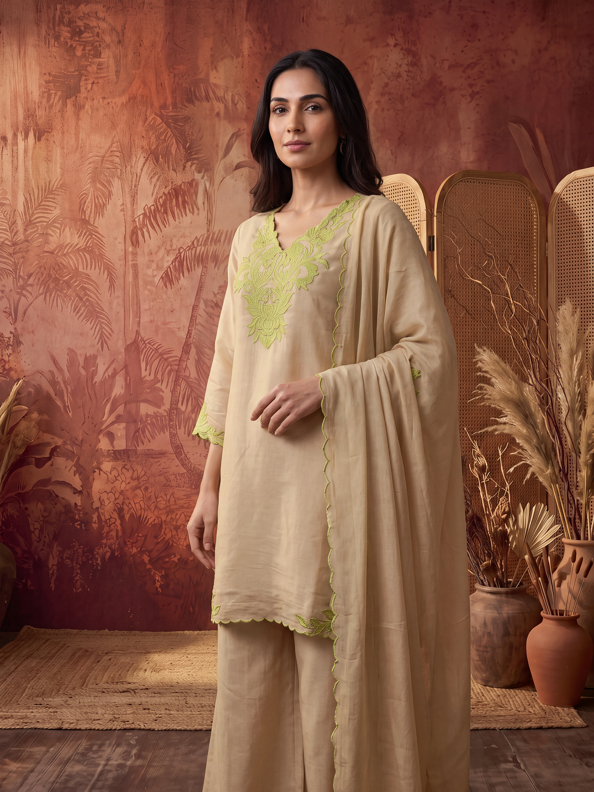 Women Beige Mull Chanderi Embroidered Kurta Wide Leg Pant Dupatta