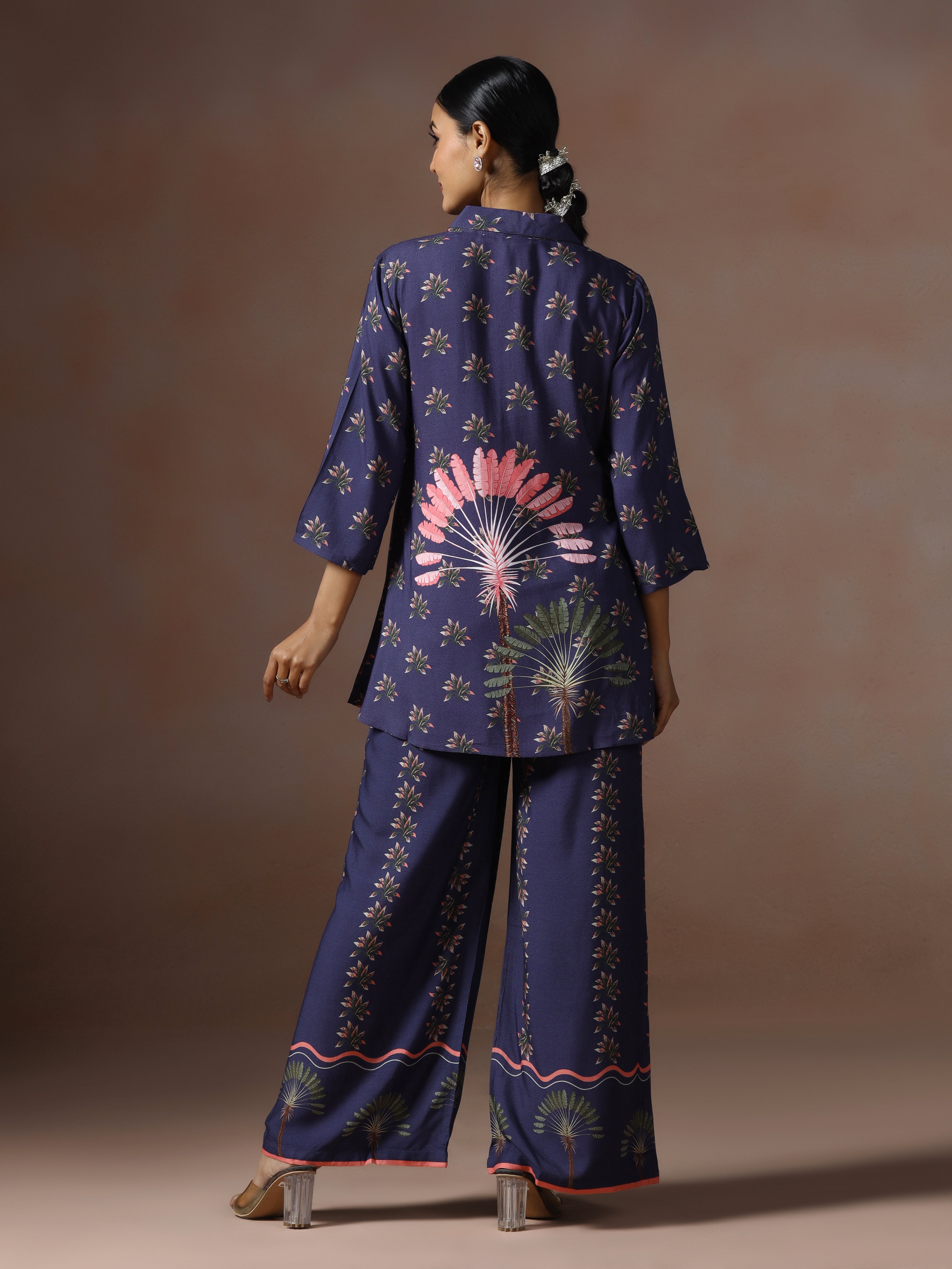 Women Liva Blue Floral Print Co Ord Set