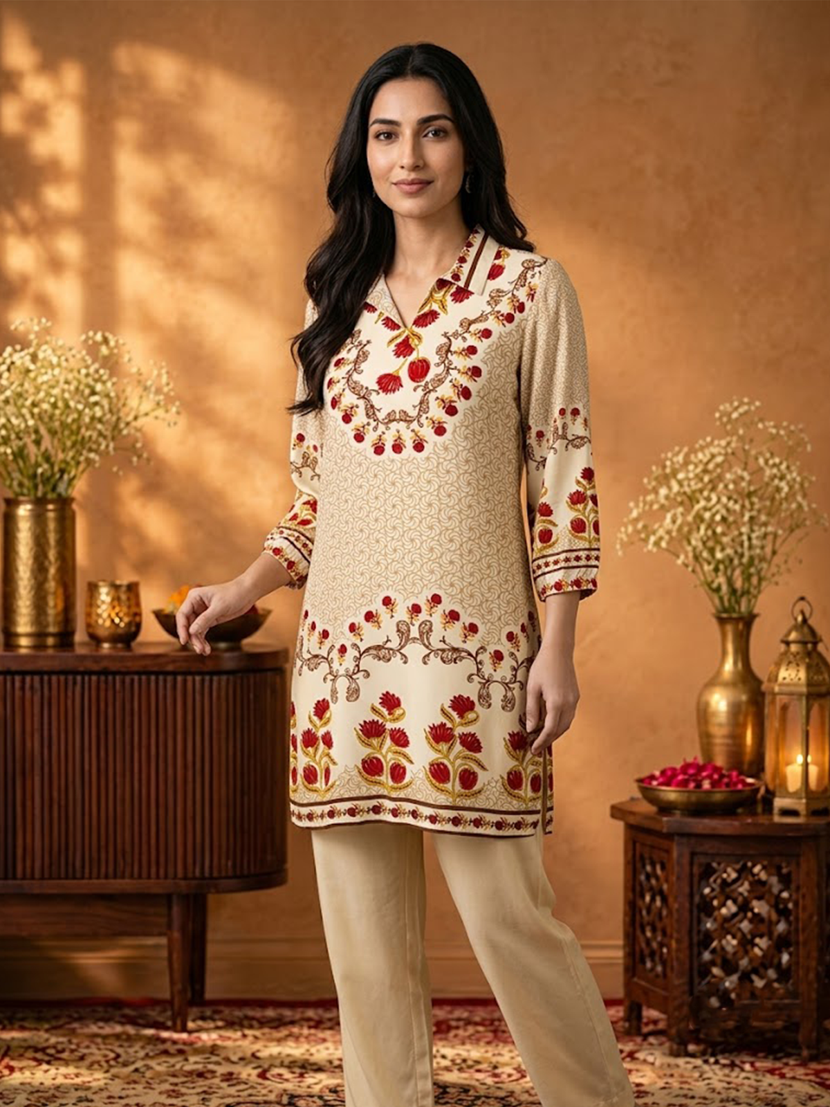 Women Off White Rayon Floral Tunic