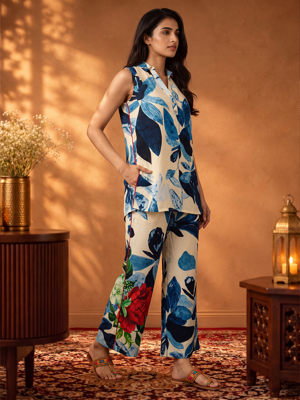Women Off White & Blue Rayon Leaf Co-Ord Set