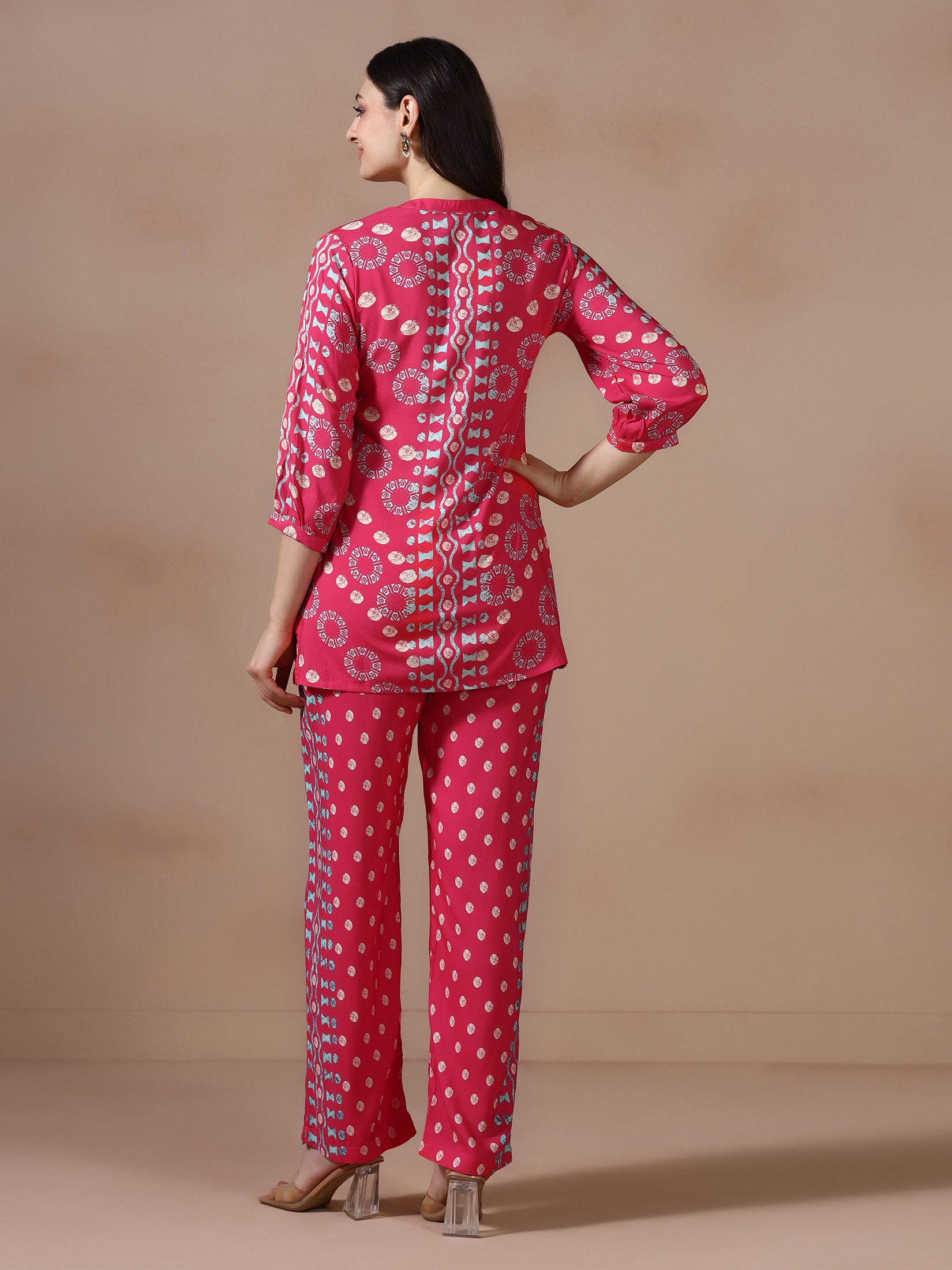 Women Liva Pink Geometric Print Co Ord Set