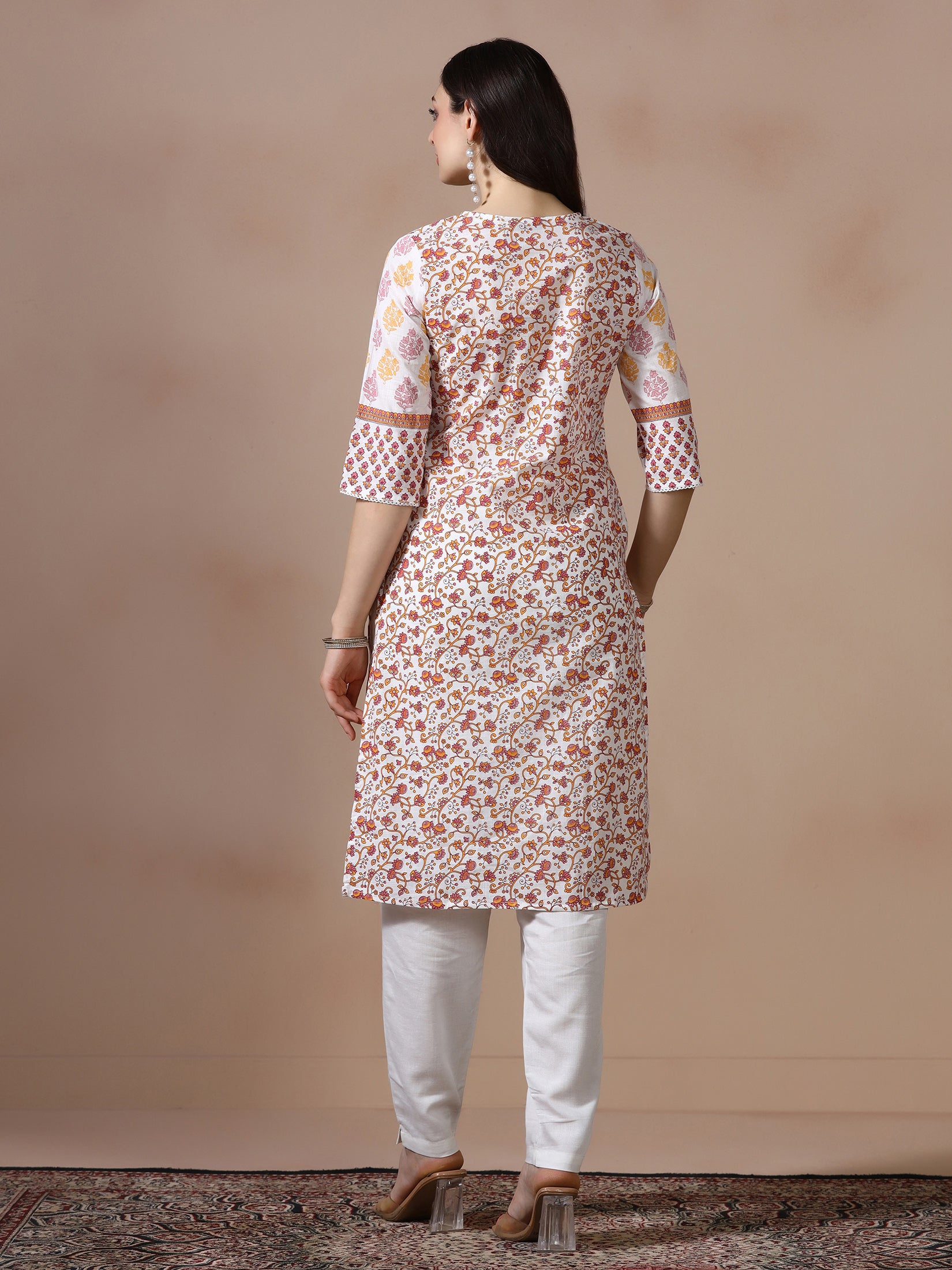 Women Cotton Slub White Pink Printed Kurta