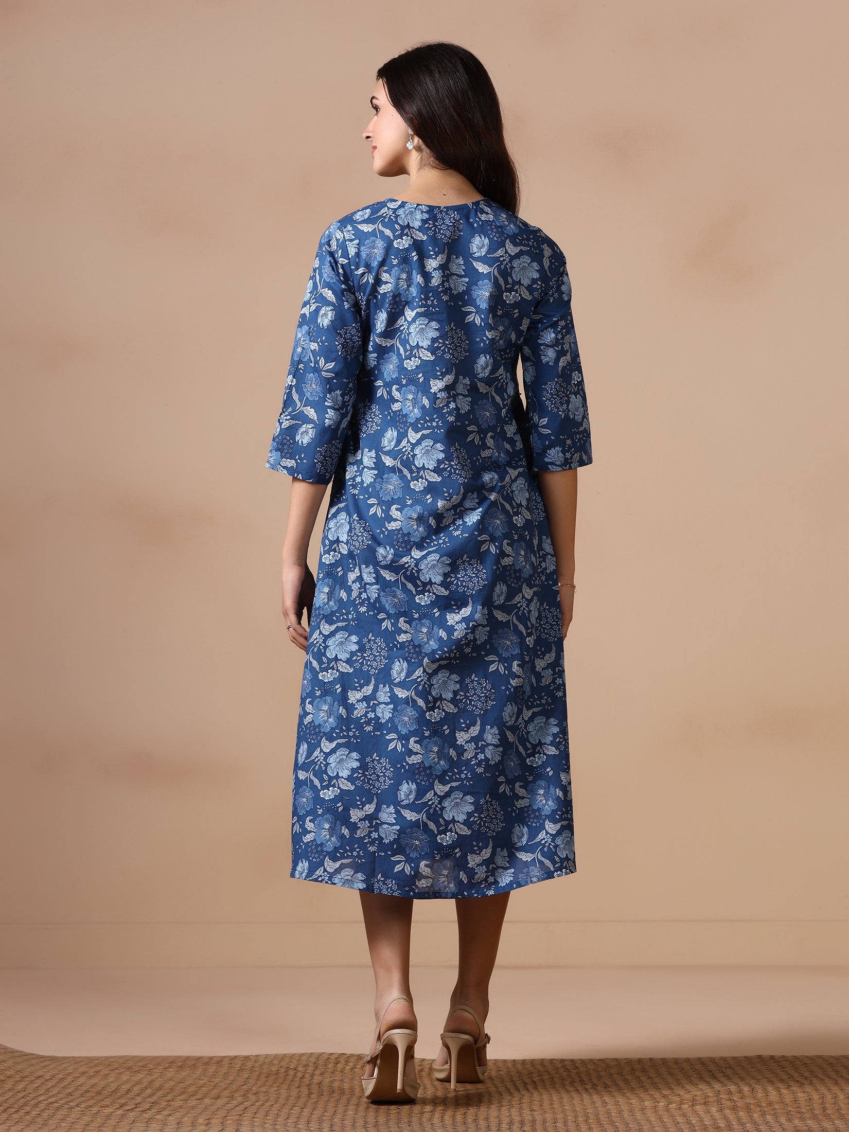 Women Cotton Blue Floral Print Dress