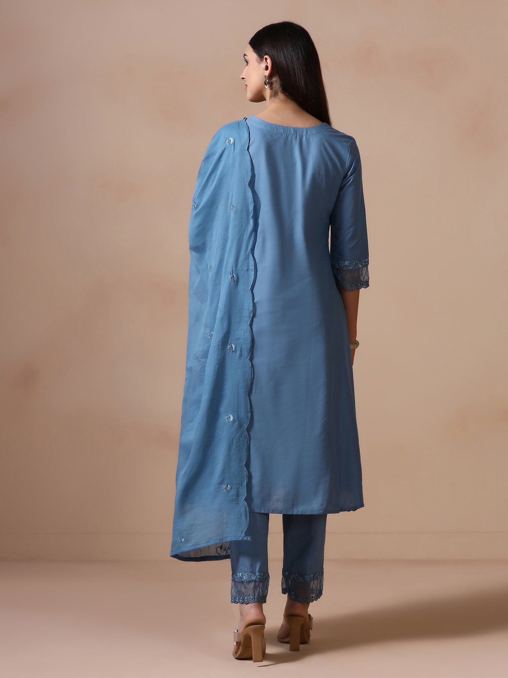 Women Cotton Blue Embroidered Kurta Comfort Pant Dupatta