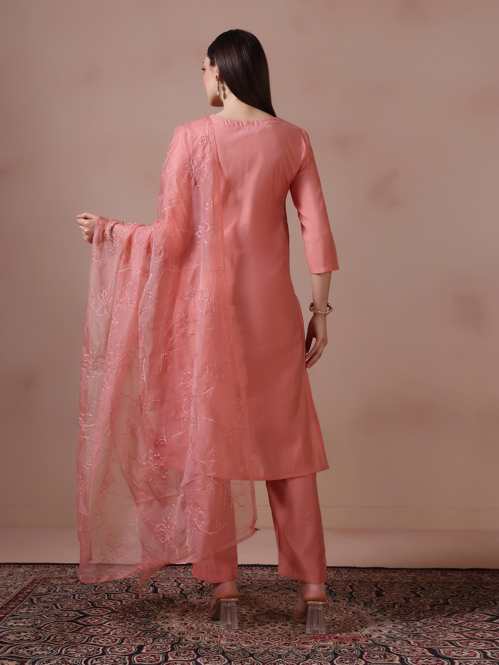 Women Mul Chanderi Peach Embroidered Kurta Trouser Dupatta