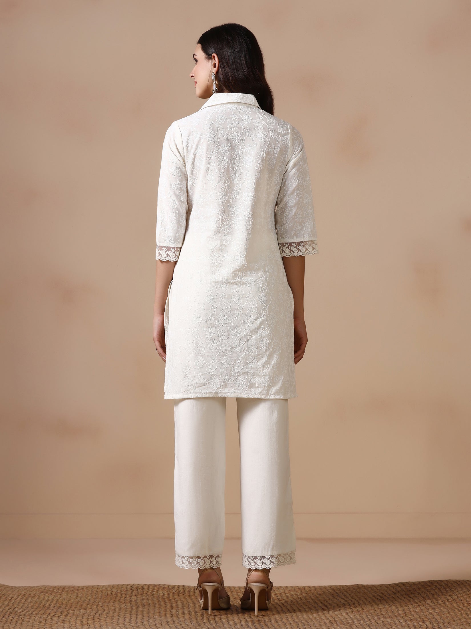 Women Cotton Off White Embroidered Co Ord Set