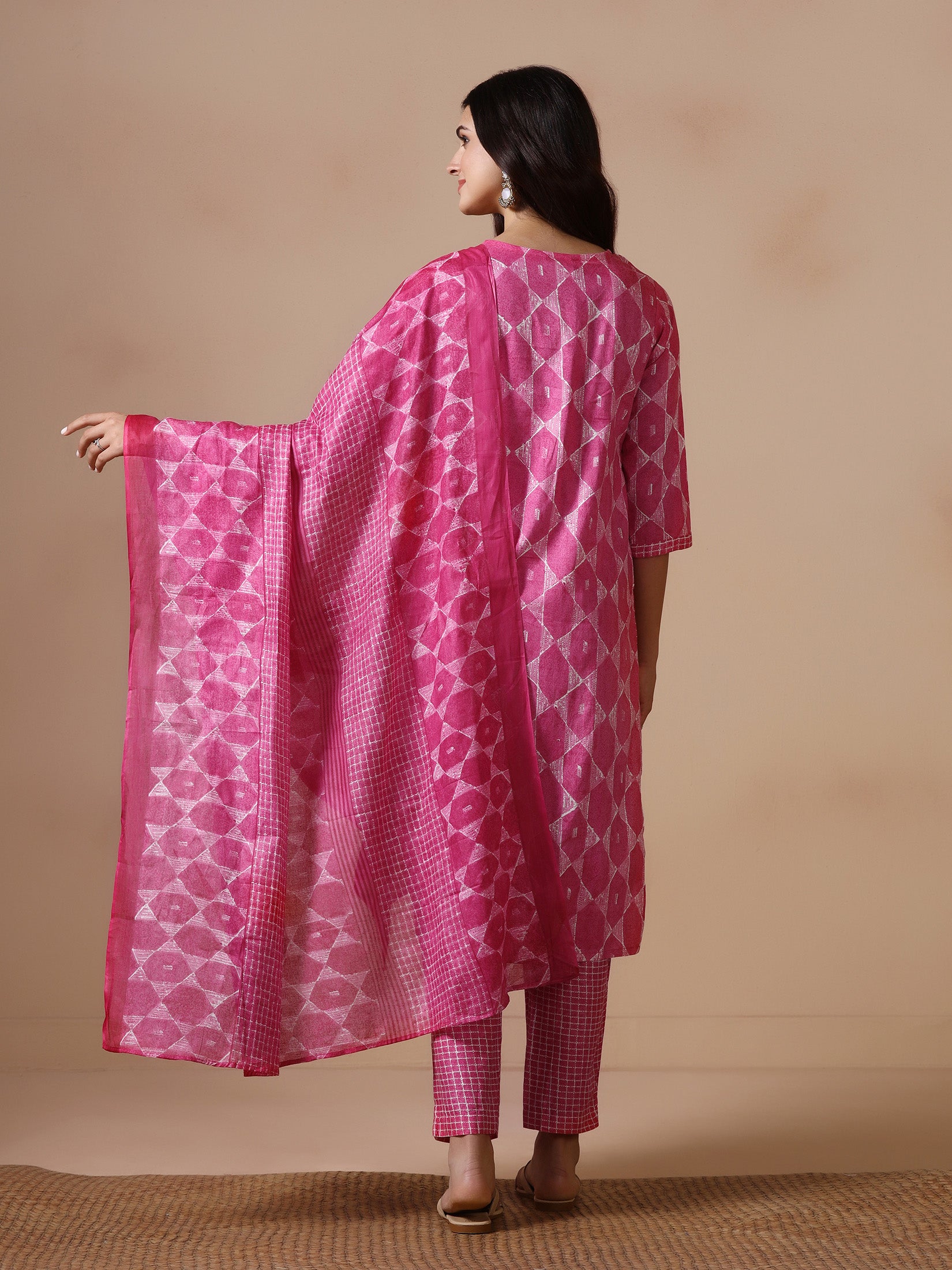 Women Cotton Fuchsia Printed Kurta Trouser Dupatta