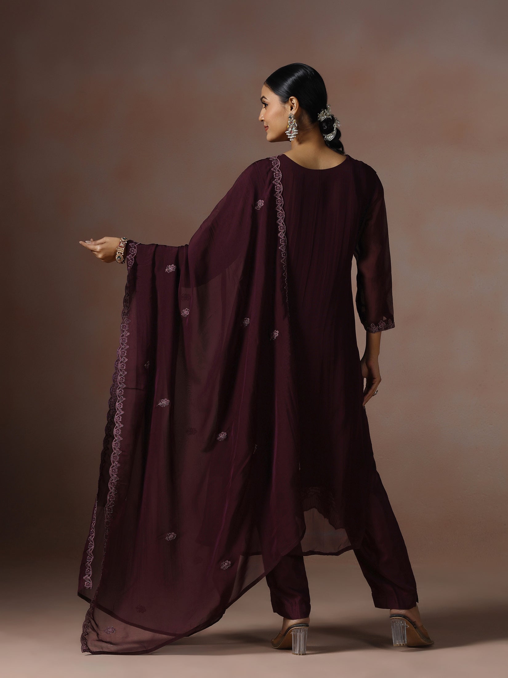 Women Organza Wine Embroidered Kurta Comfort Pant Dupatta