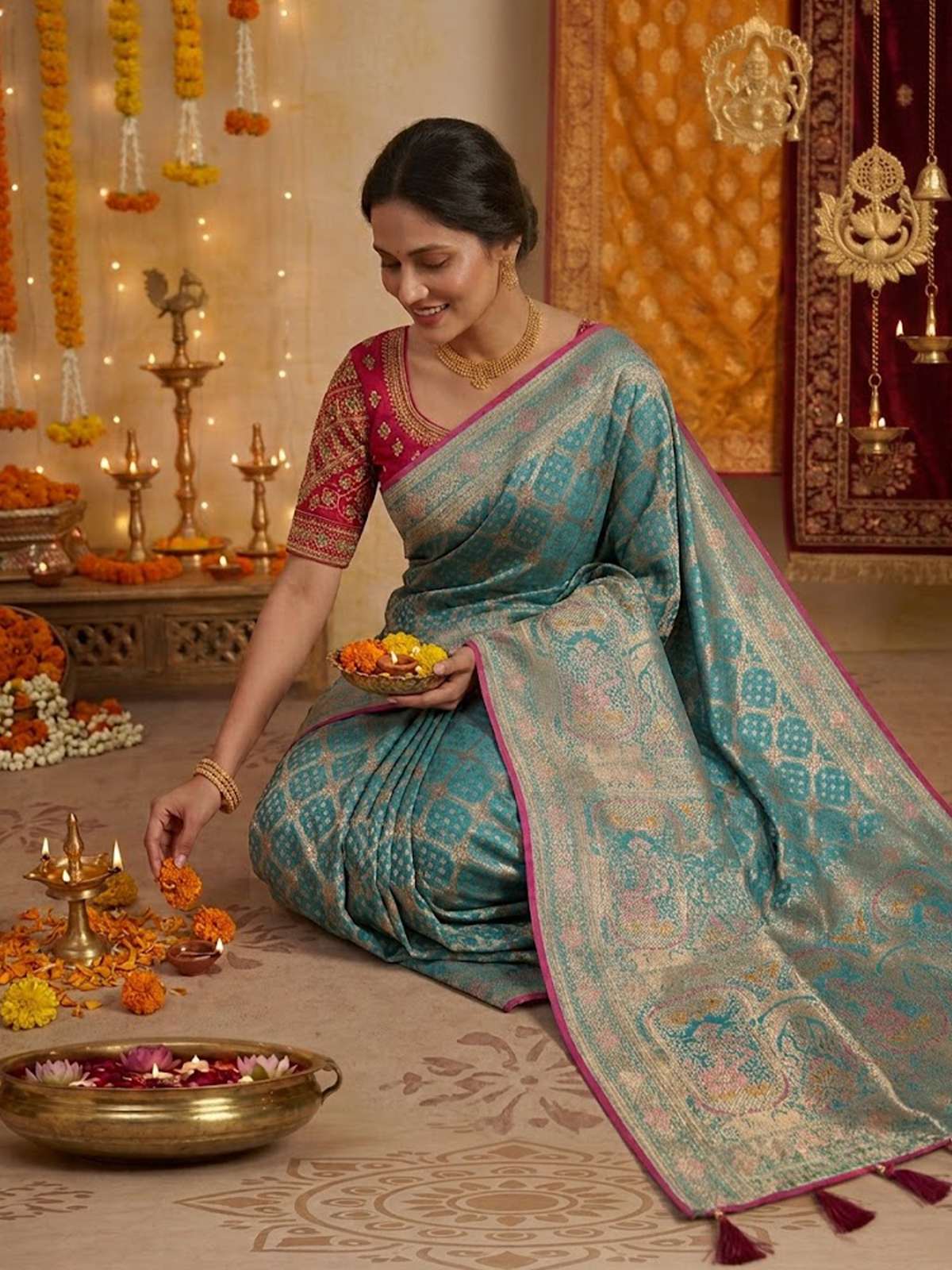 Women Turquoise And Pink Viscose Saree With Stitch Blouse