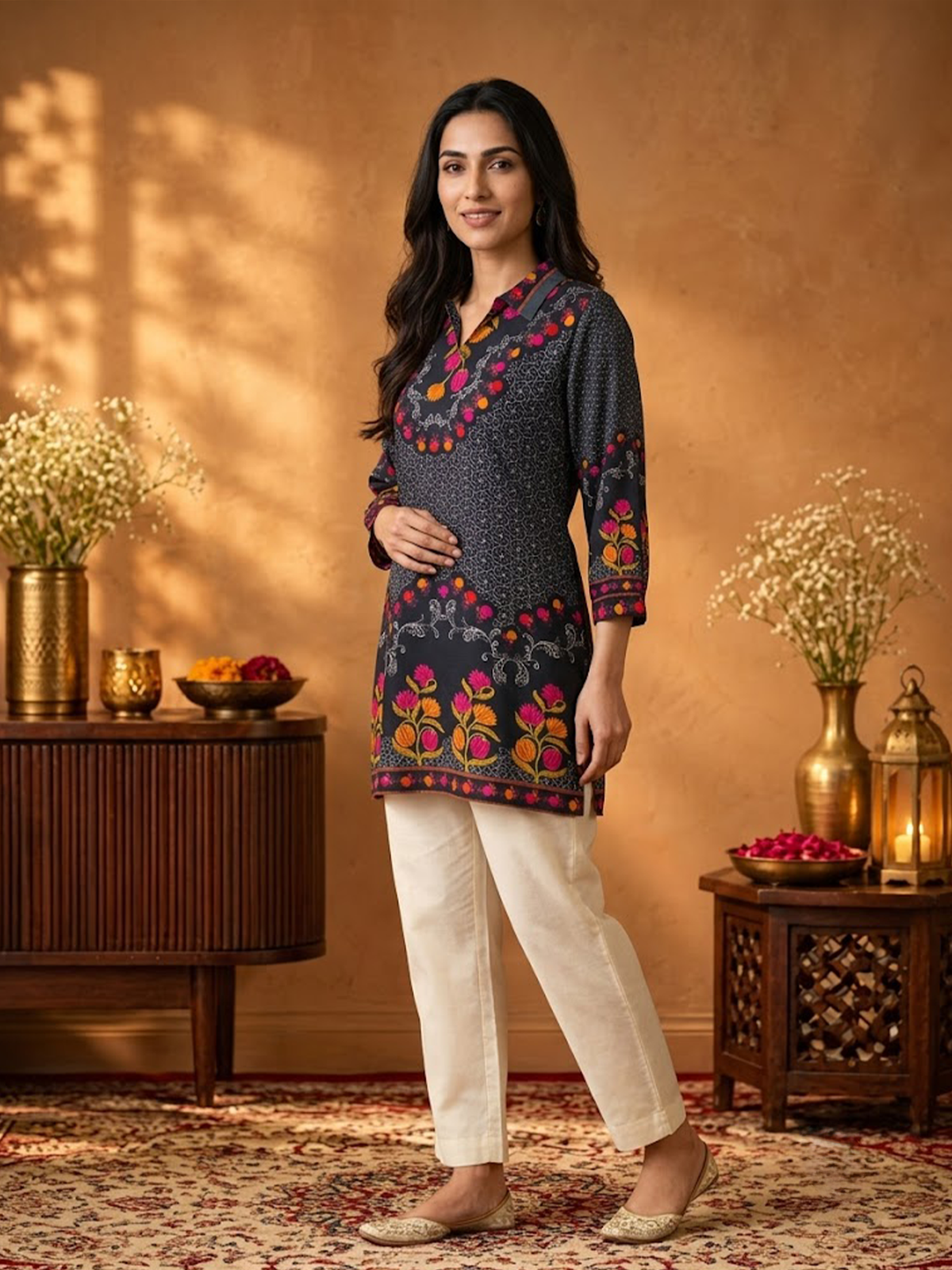 Women Black Rayon Floral Tunic