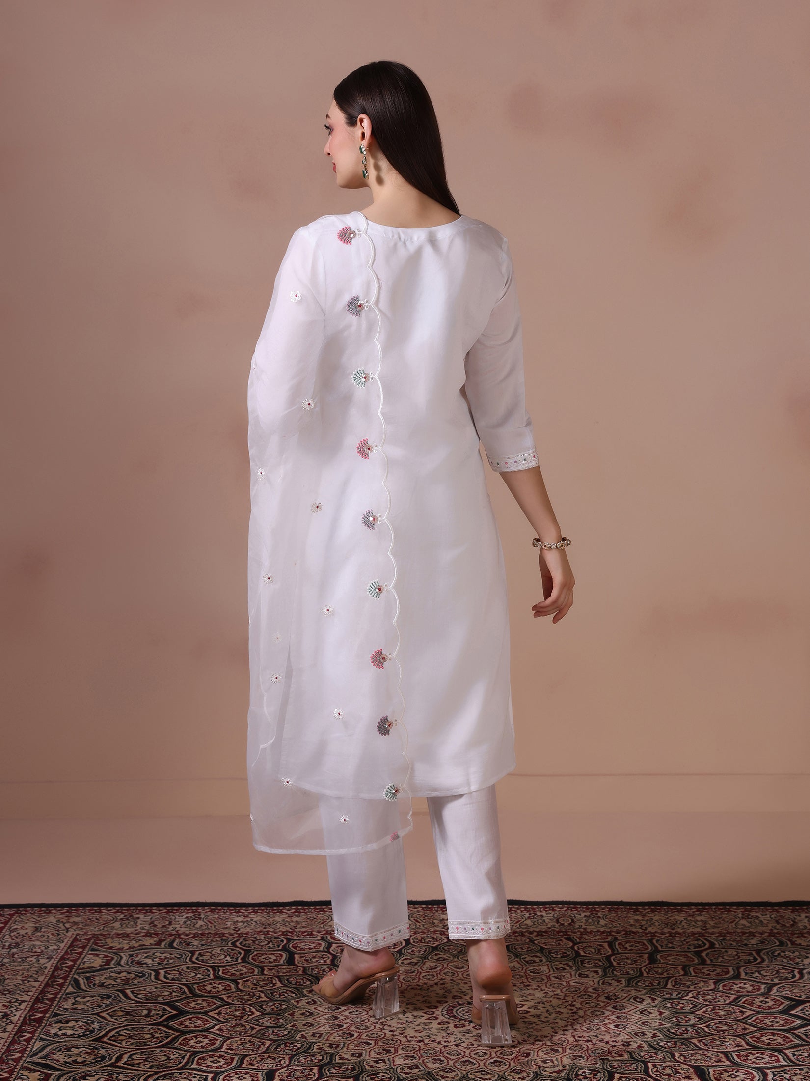 Women Mul Chanderi White Embroidered Kurta Trouser Dupatta