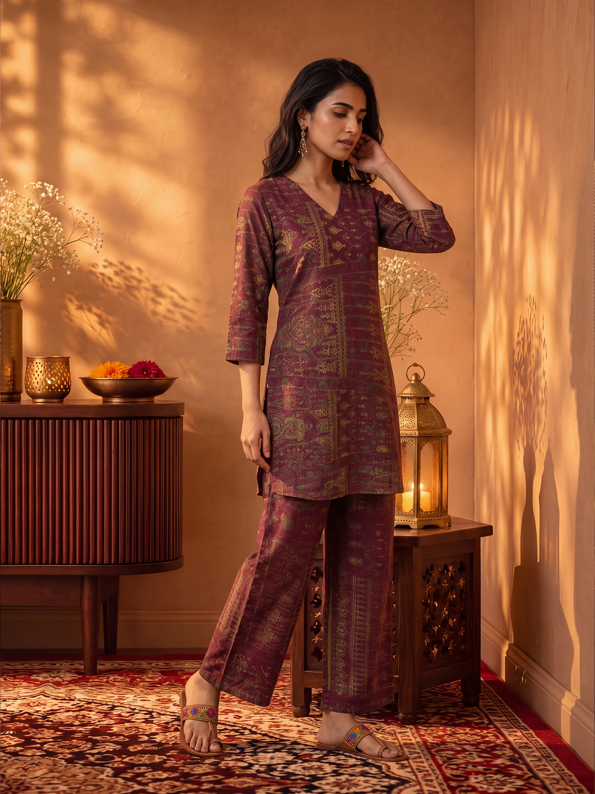 Women Burgundy Rayon Block Print Co-Ord Set