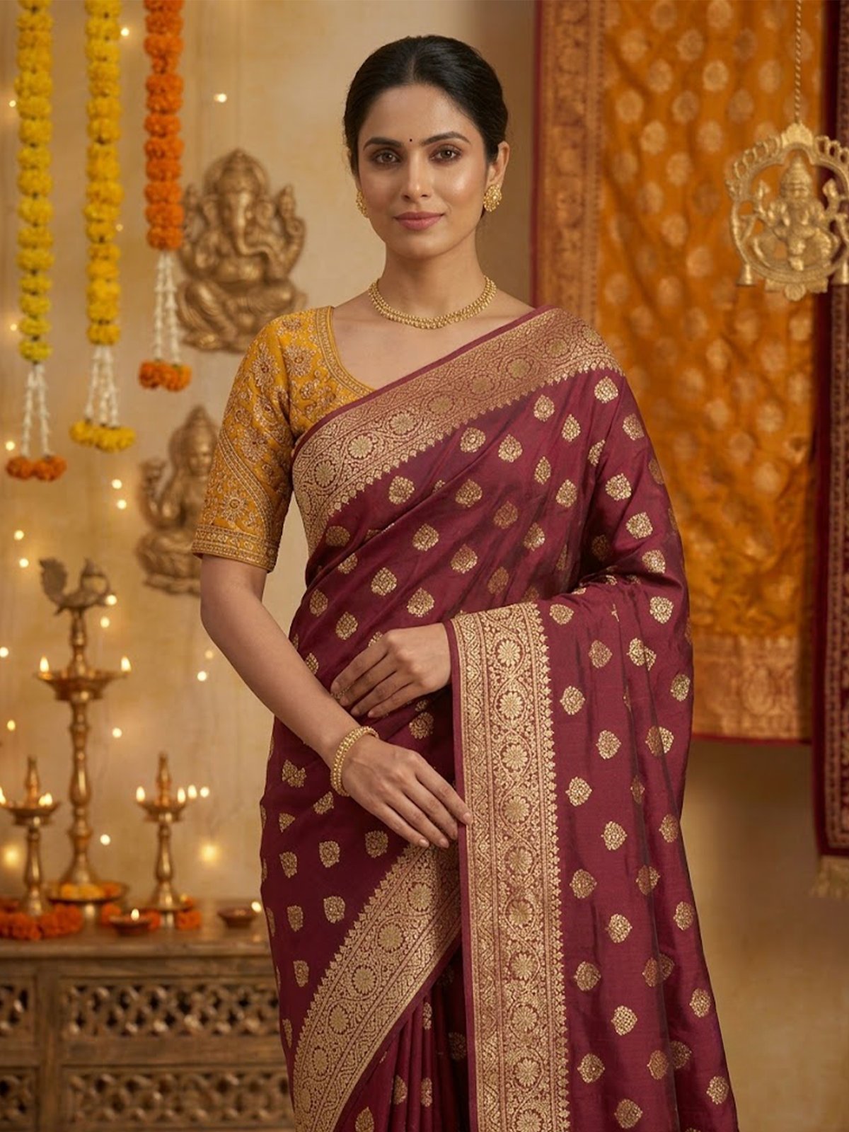 Women Plum And Yellow Viscose Saree With Stitch Blouse
