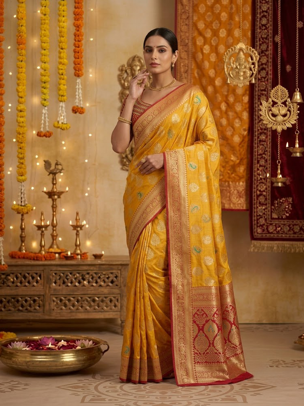 Women Viscose Yellow And Red Saree With Stitch Blouse