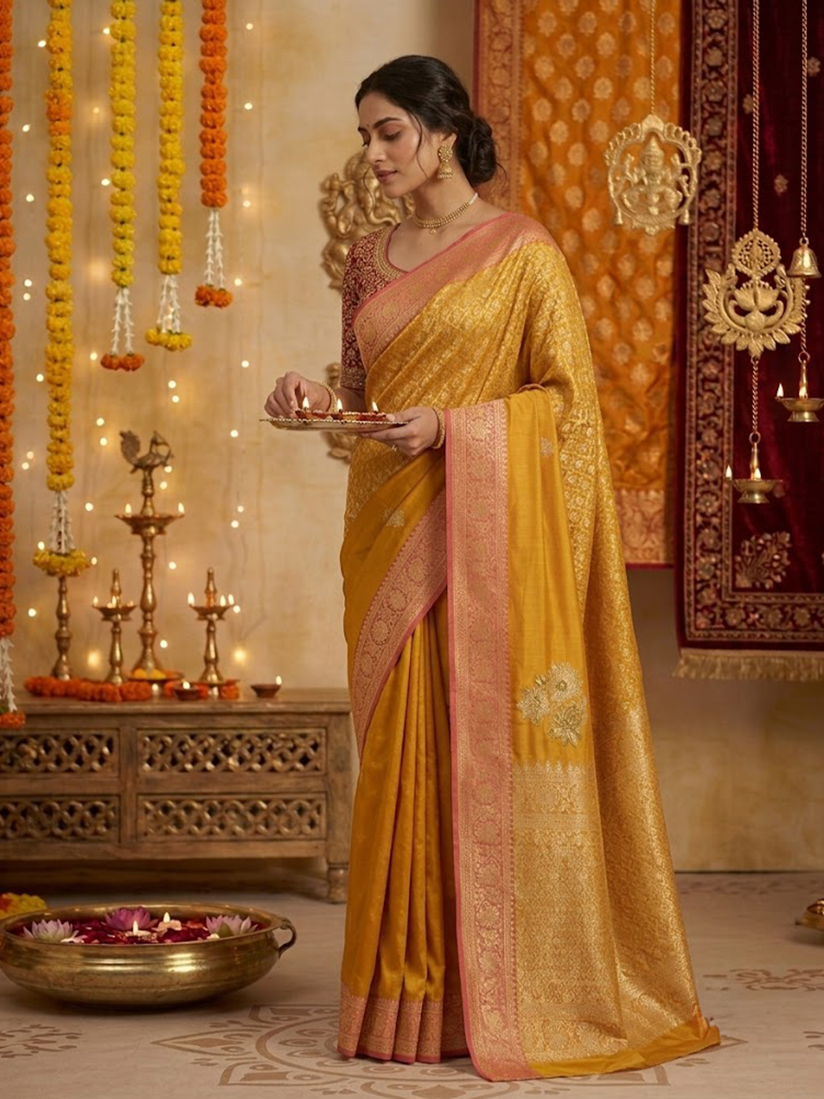 Women Yellow And Red Saree With Stitch Blouse