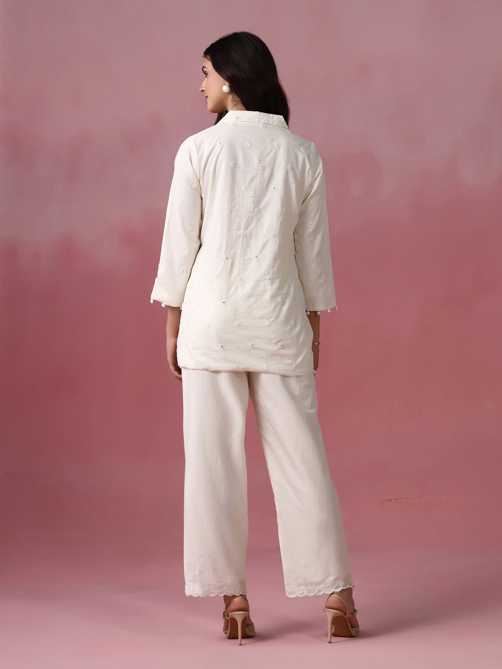 Women Cotton Off White With Embroidered Work Co Ord Set