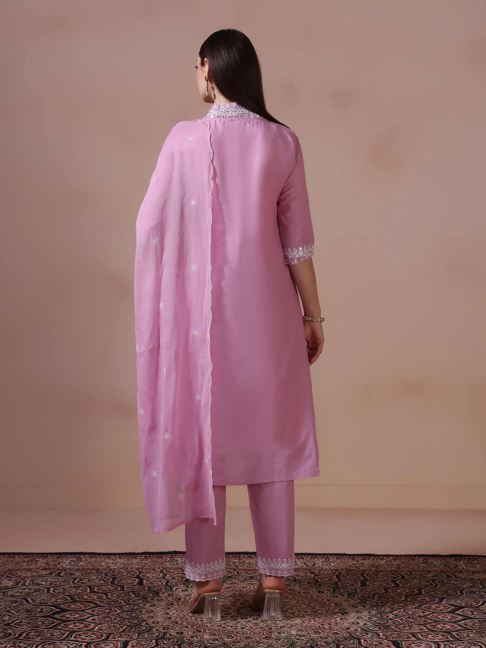 Women Cotton Lilac Embroidered Kurta Trouser Dupatta