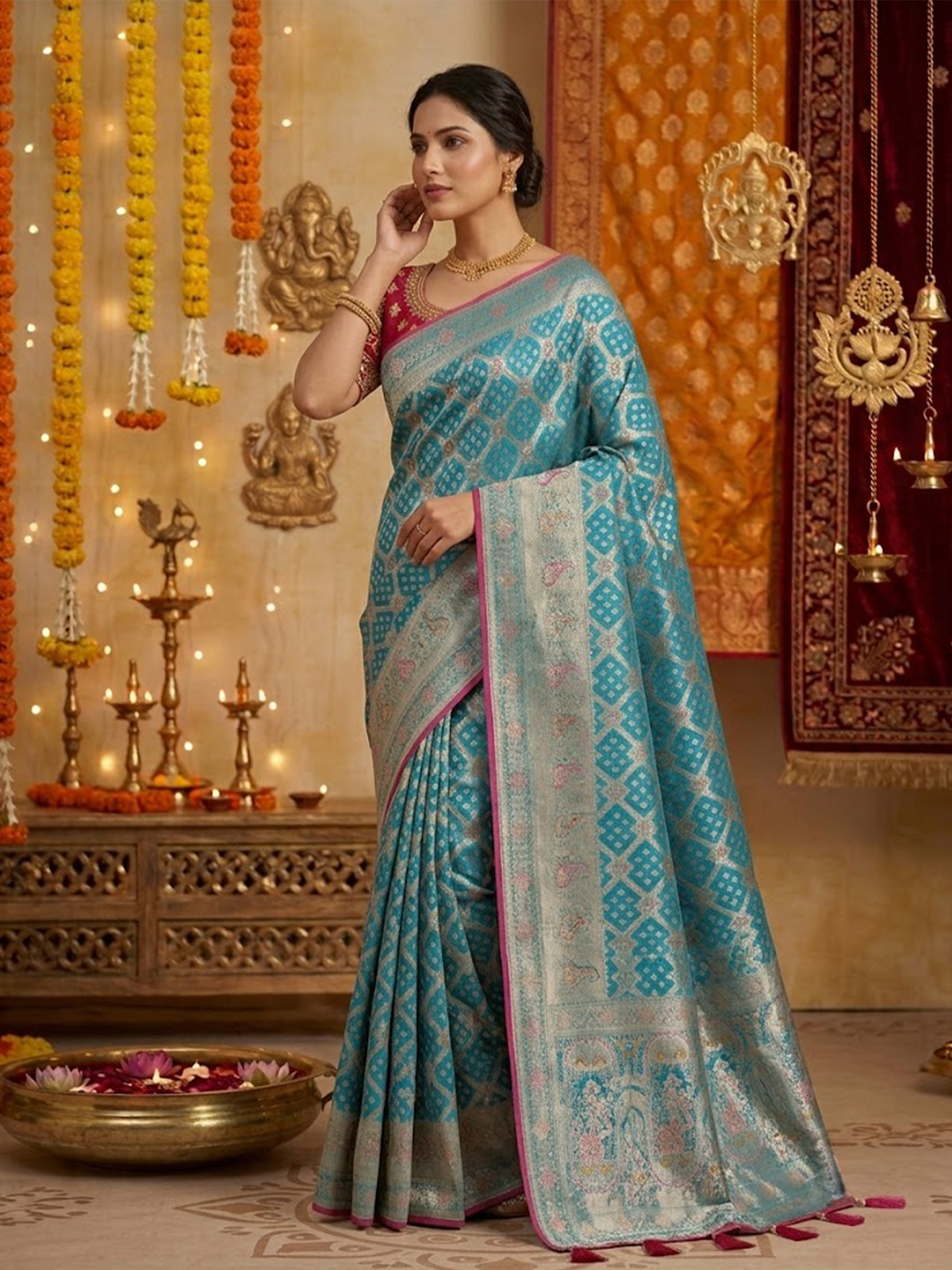 Women Turquoise And Pink Viscose Saree With Stitch Blouse