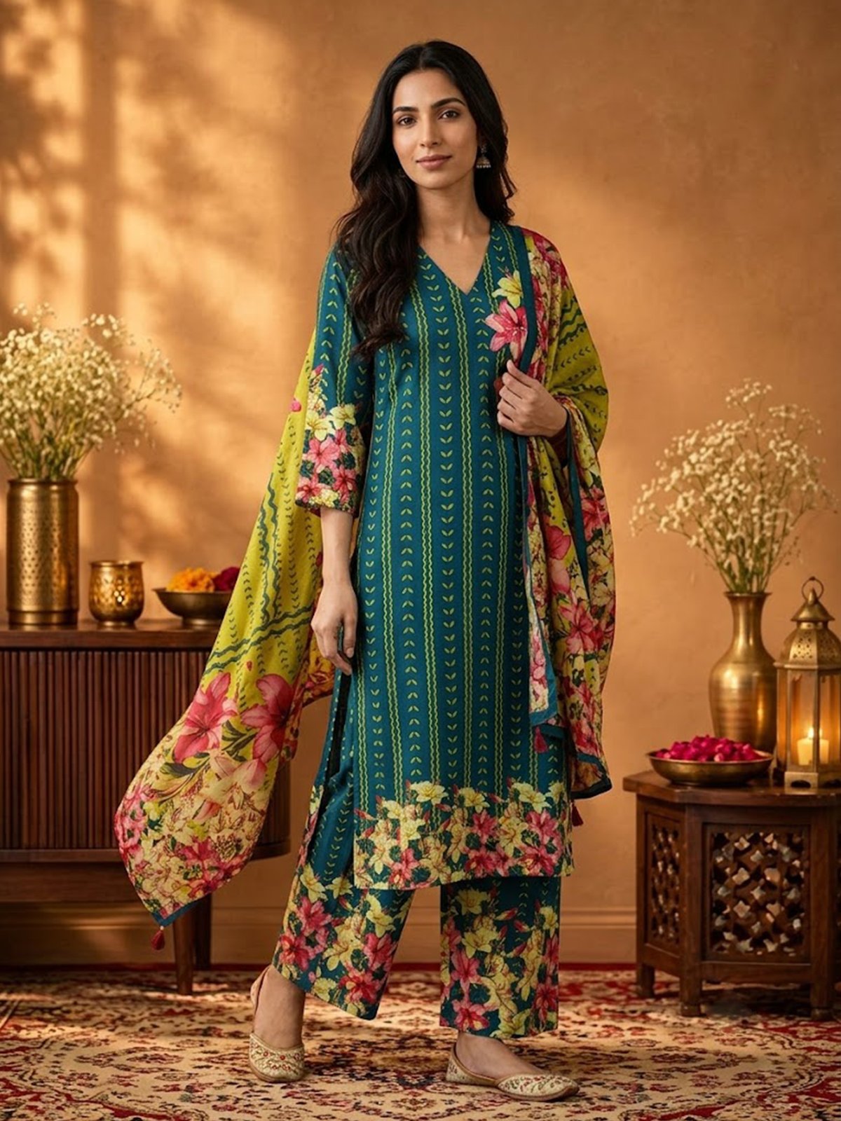 Women Teal Green Rayon Floral Kurta Comfort Pant Dupatta