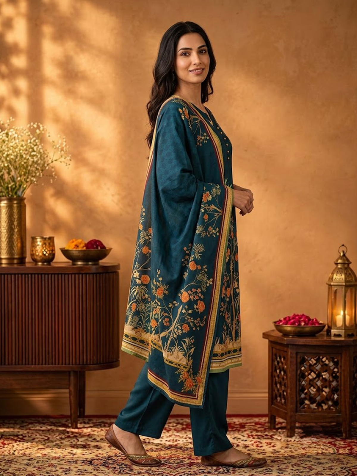Women Dark Blue Rayon Floral Kurta Comfort Pant Dupatta