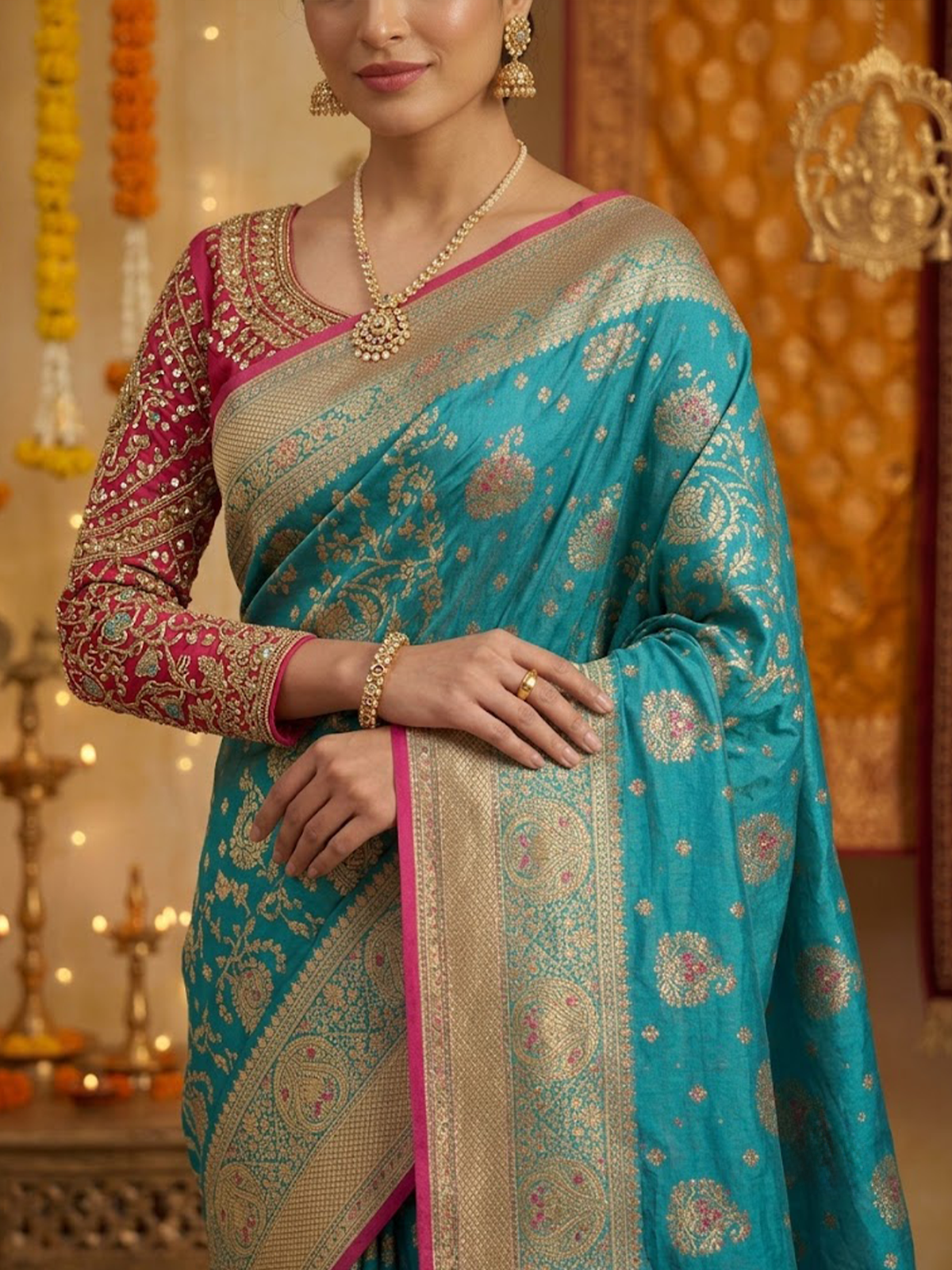 Women Turquoise And Red Viscose Saree With Stitch Blouse